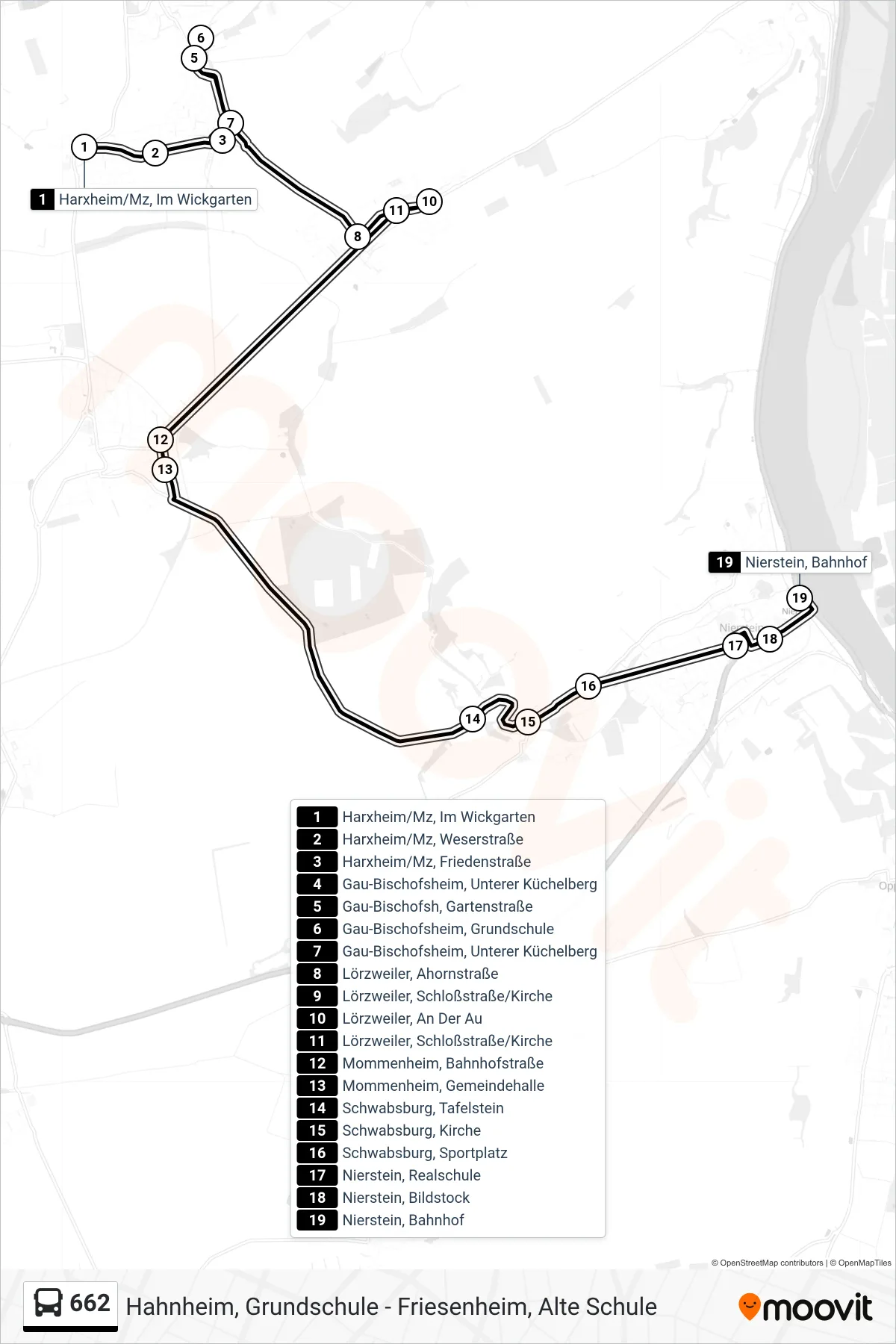 662 bus Line (Nierstein, Bahnhof) route and stops on a map