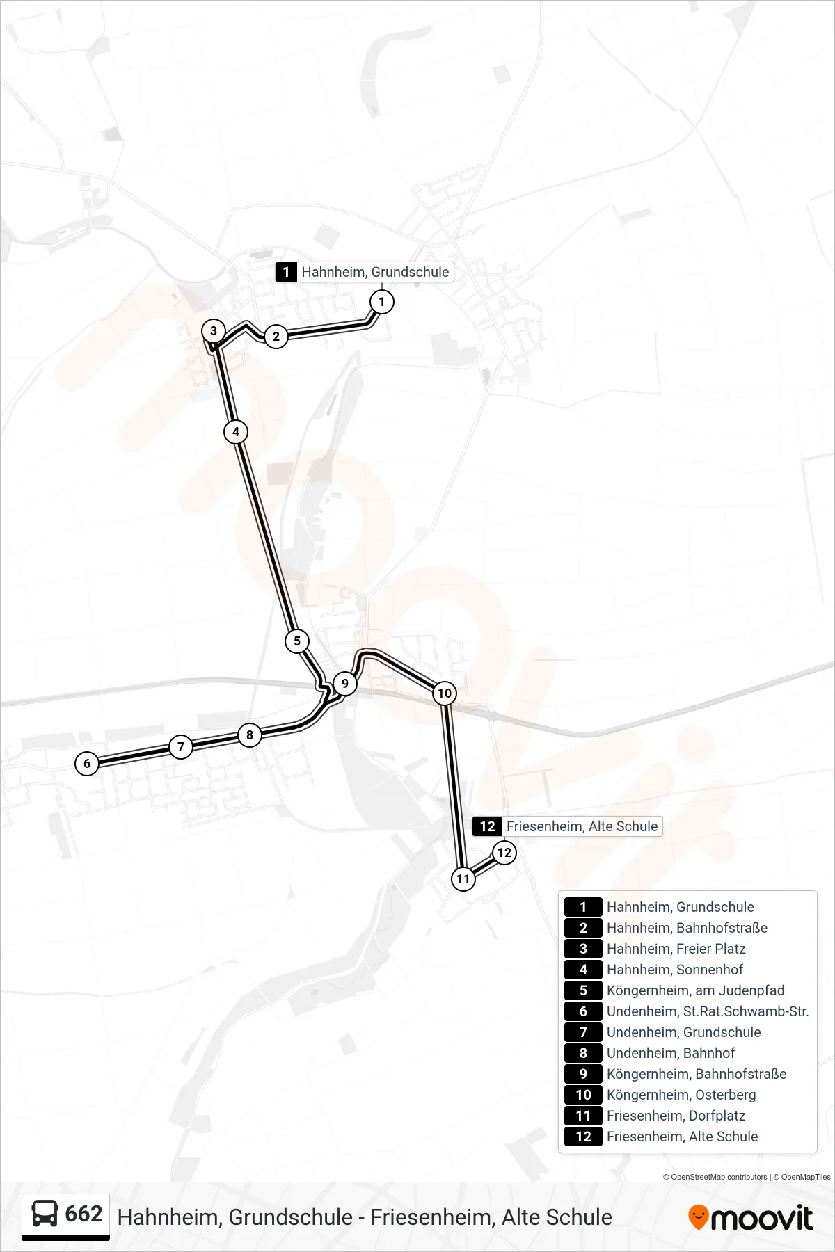662 bus Line (Friesenheim, Alte Schule) route and stops on a map