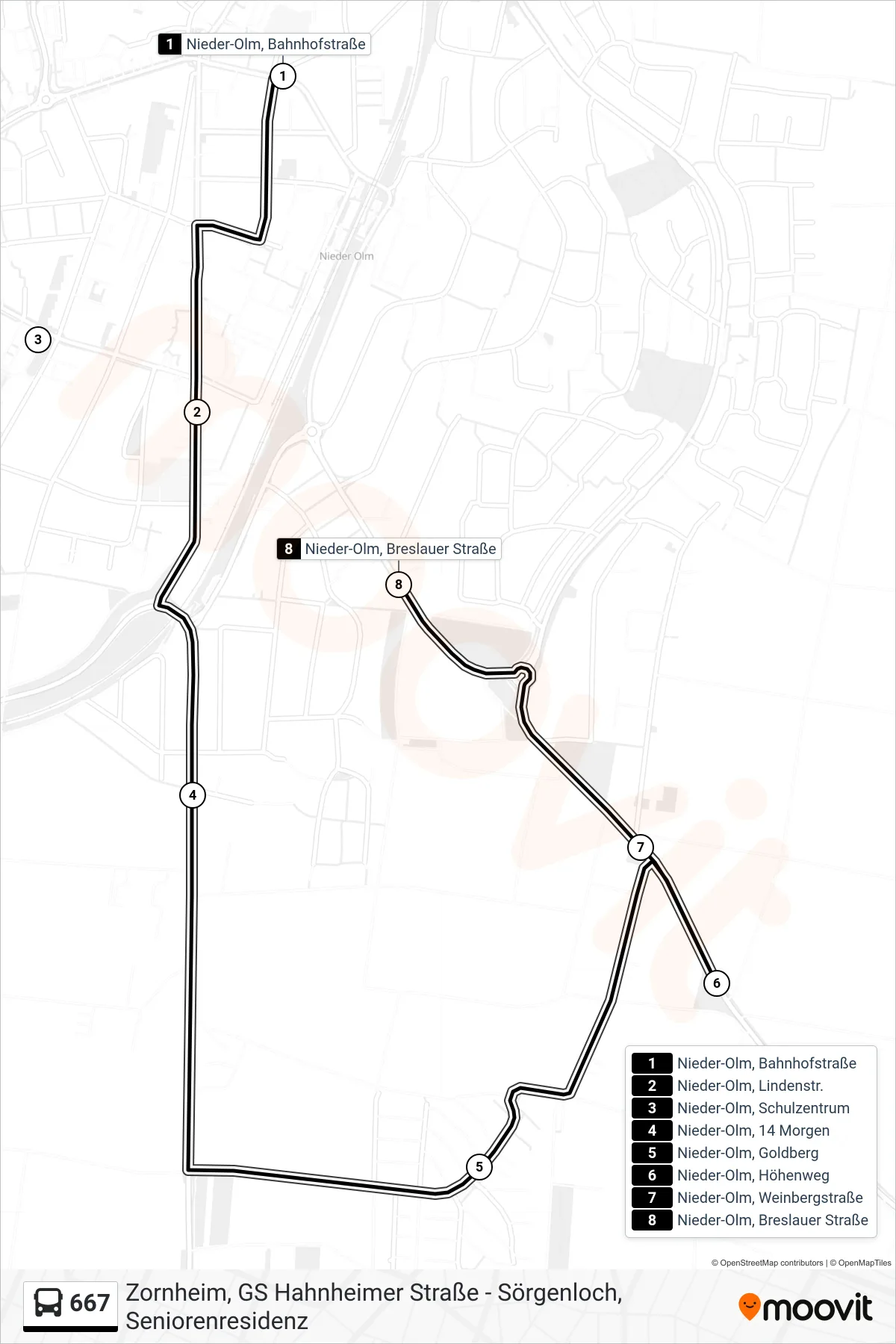 667 bus Line (Nieder-Olm, Breslauer Straße) route and stops on a map