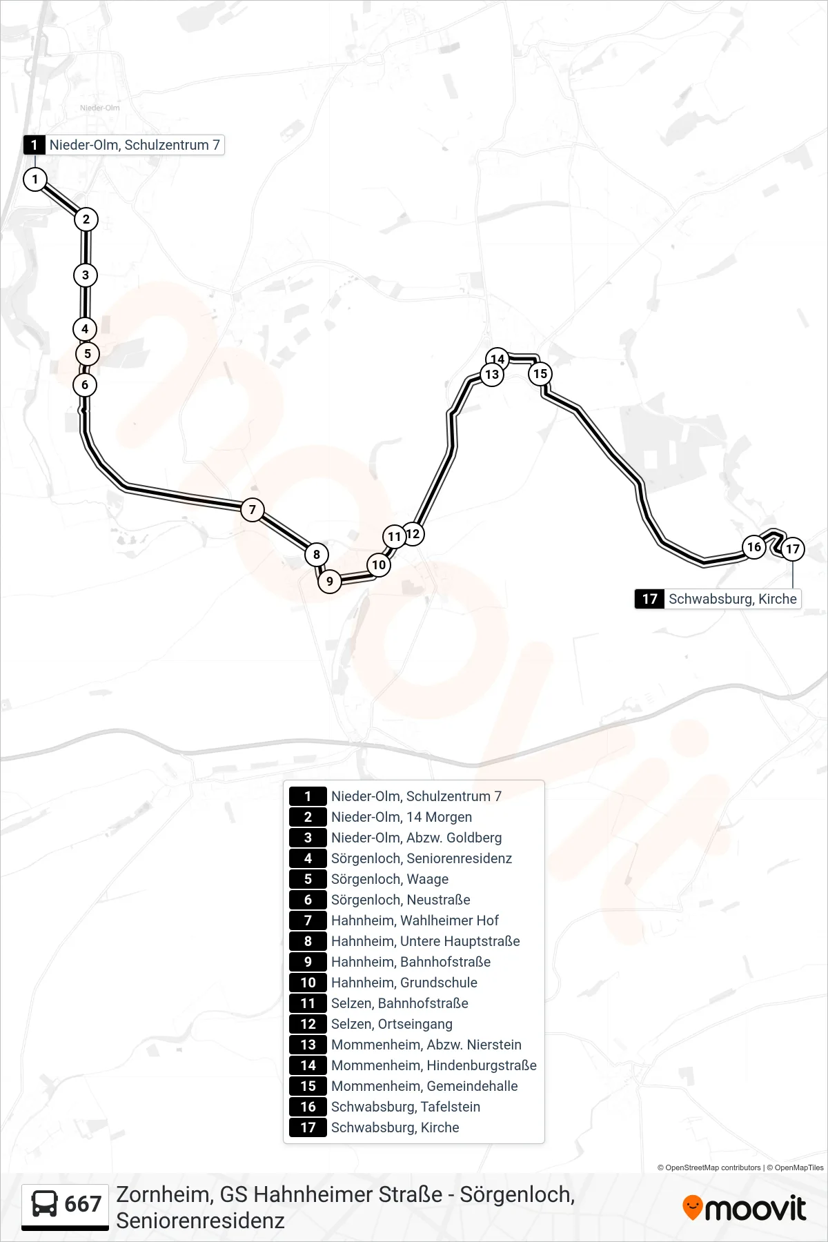 667 bus Line (Schwabsburg, Kirche) route and stops on a map