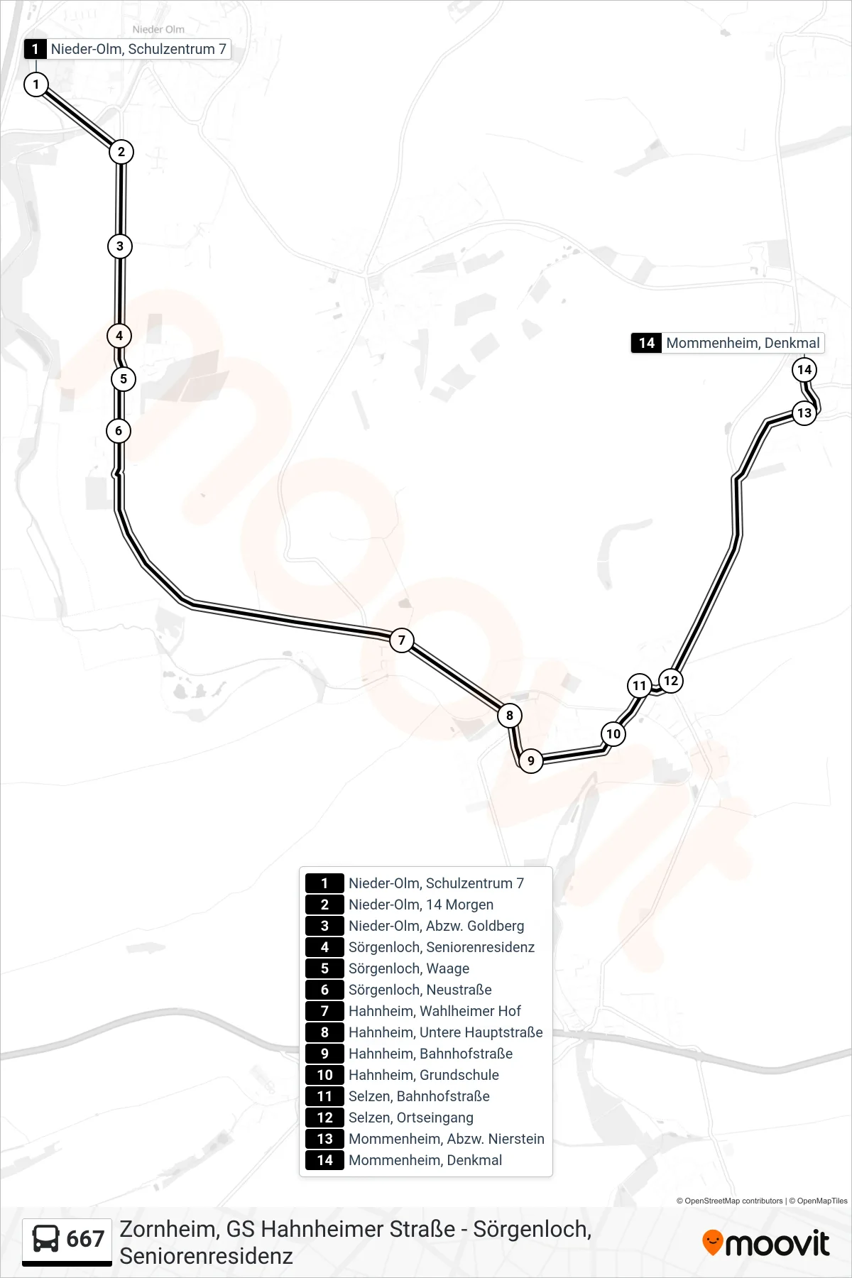 667 bus Line (Mommenheim, Denkmal) route and stops on a map