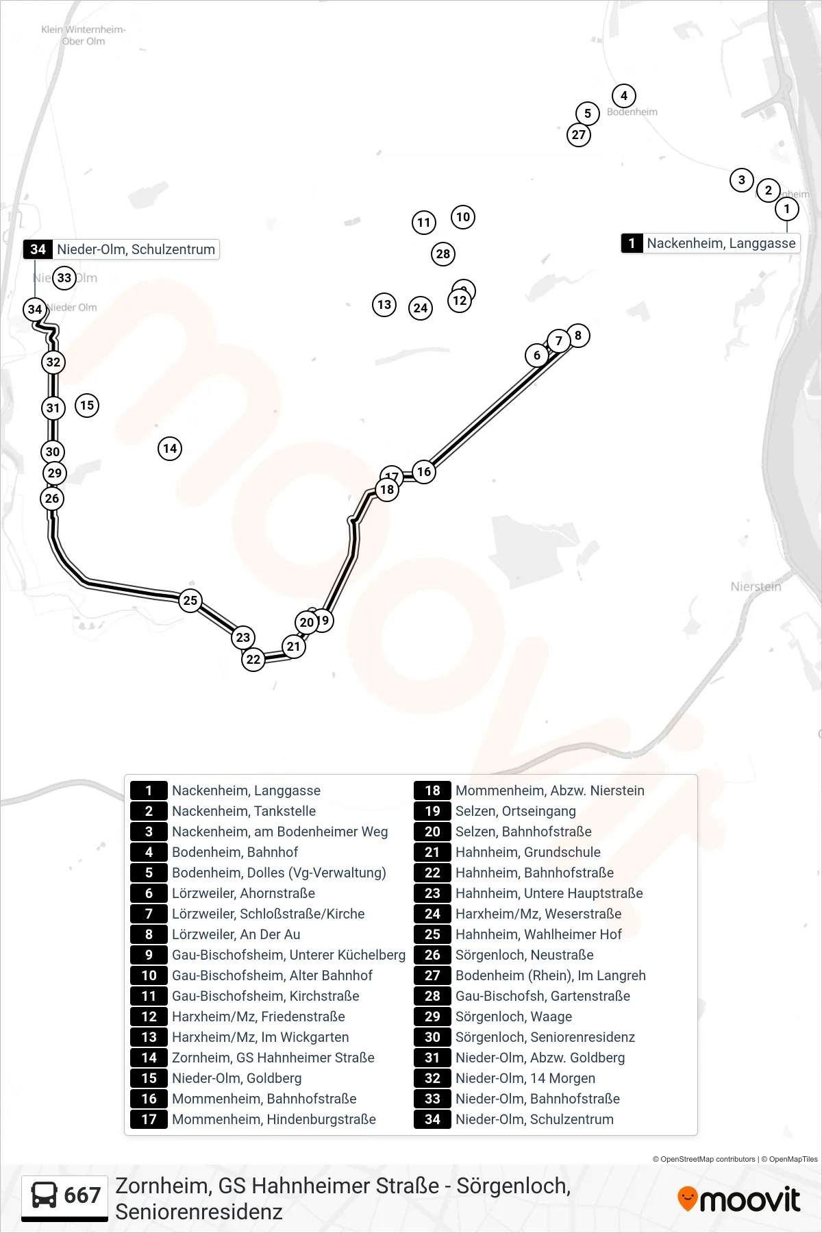 667 bus Line (Nieder-Olm, Schulzentrum) route and stops on a map