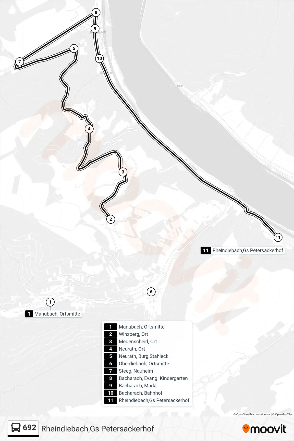 692 bus Line (Rheindiebach,Gs Petersackerhof) route and stops on a map