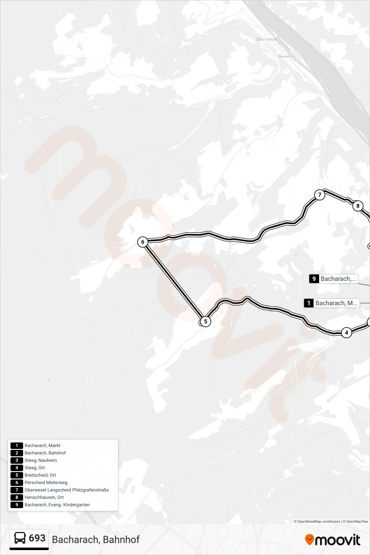 693 bus Line (Bacharach, Bahnhof) route and stops on a map