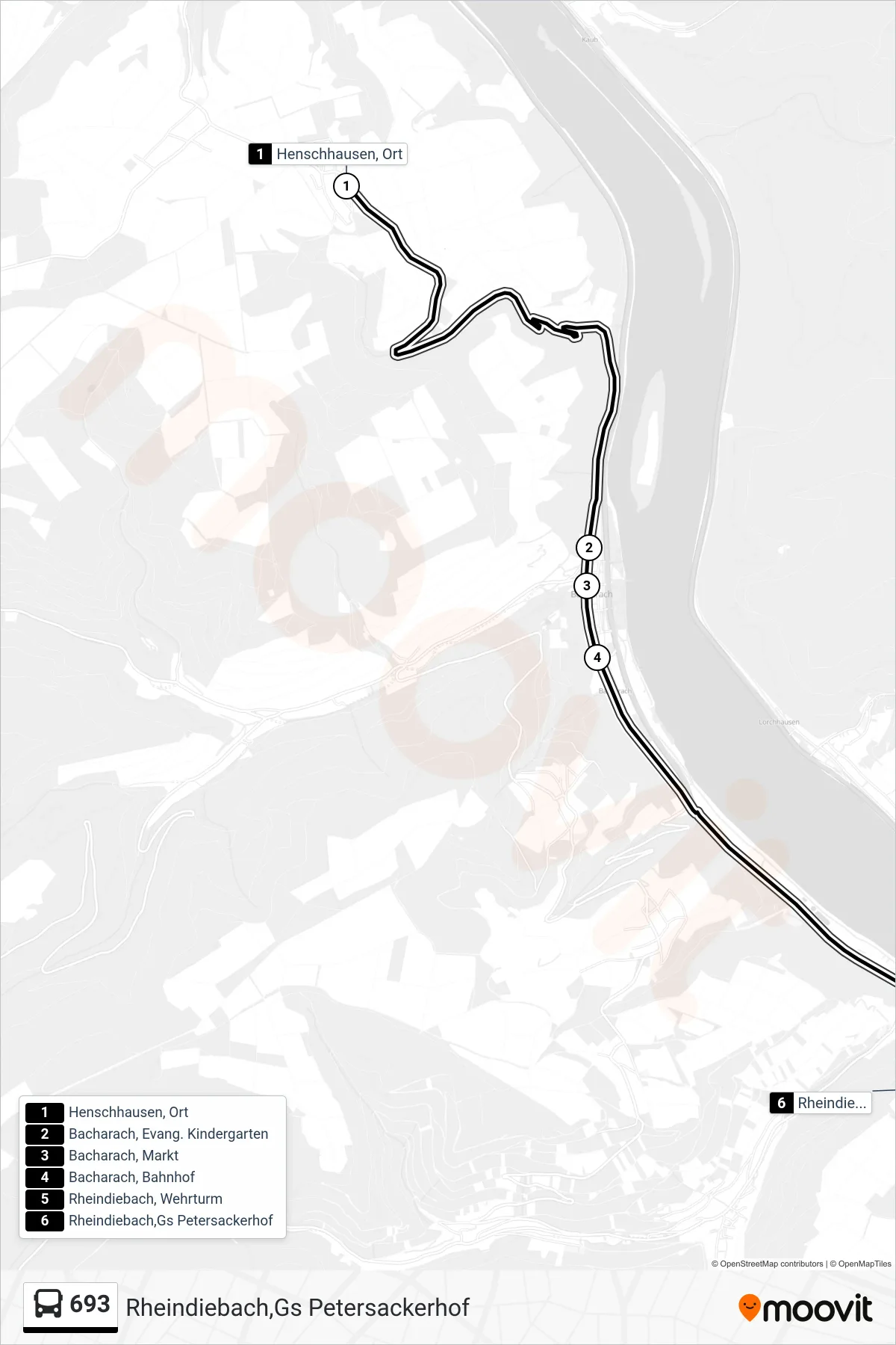 Linie 693 (Bus) Richtung Rheindiebach,Gs Petersackerhof: Route und Haltestellen auf der Karte