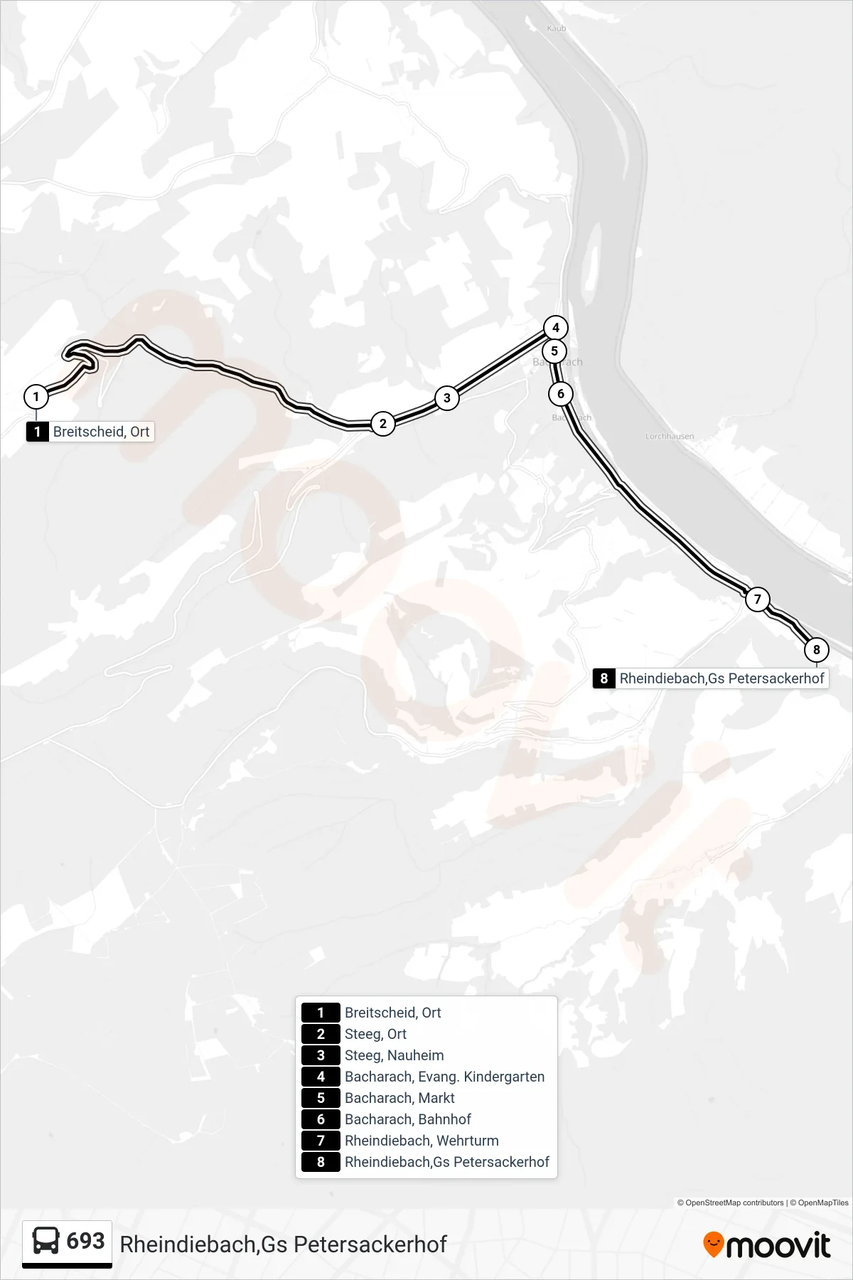 693 bus Line (Rheindiebach,Gs Petersackerhof) route and stops on a map