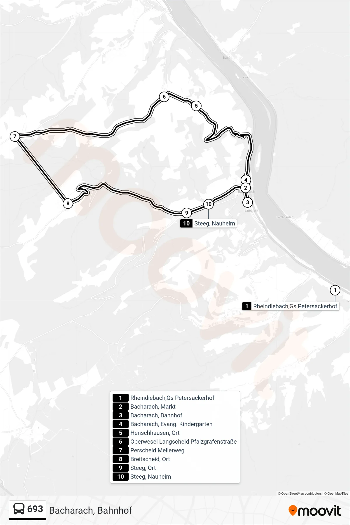 693 bus Line (Bacharach, Bahnhof) route and stops on a map