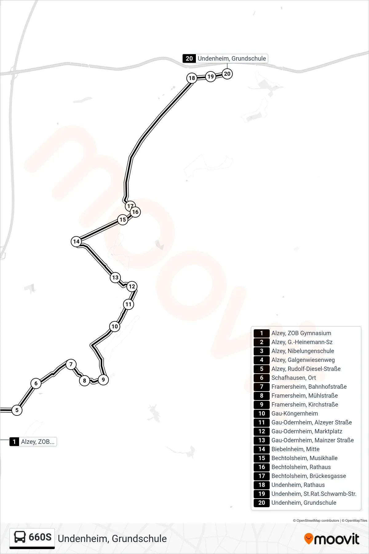 660S bus Line (Undenheim, Grundschule) route and stops on a map