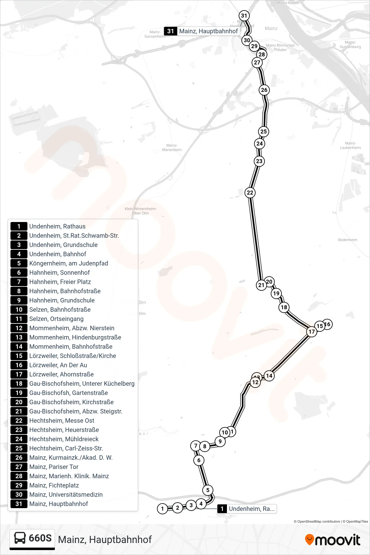 660S bus Line (Mainz, Hauptbahnhof) route and stops on a map