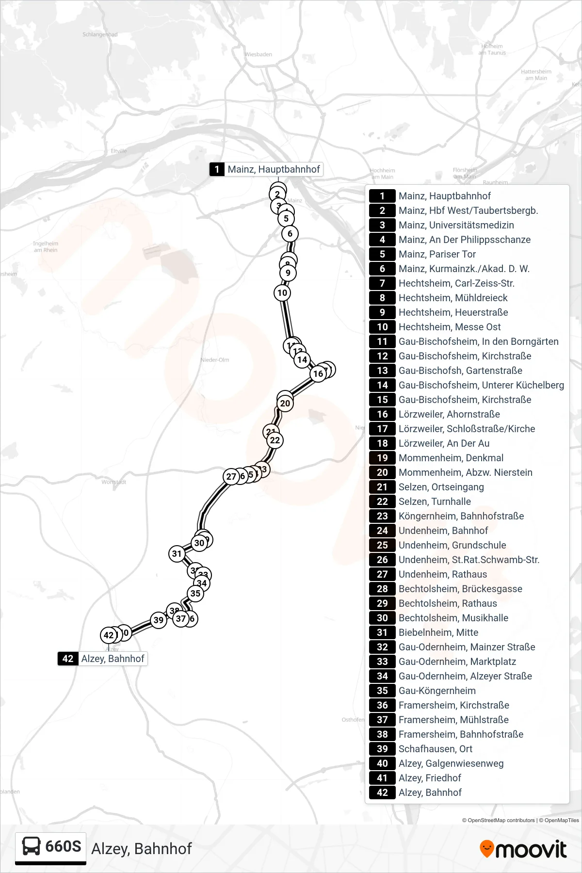 660S bus Line (Alzey, Bahnhof) route and stops on a map