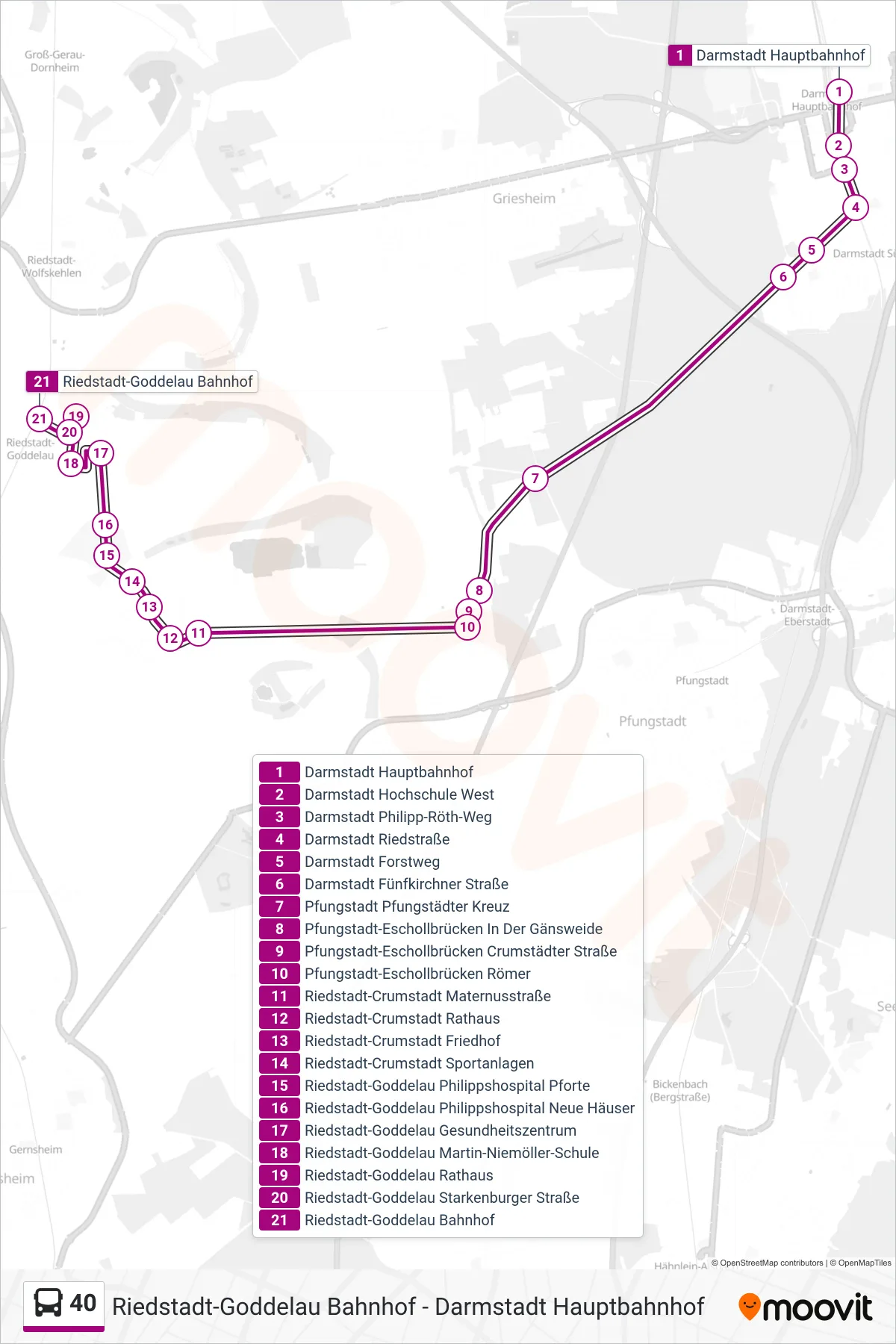 Linie 40 (Bus) Richtung Riedstadt-Goddelau Bahnhof: Route und Haltestellen auf der Karte