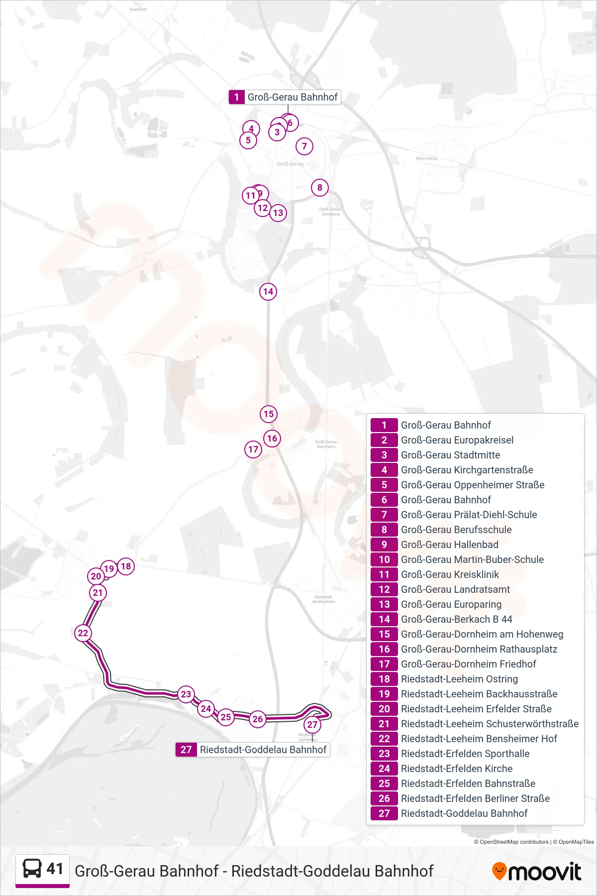 Linie 41 (Bus) Richtung Riedstadt-Goddelau Bahnhof: Route und Haltestellen auf der Karte