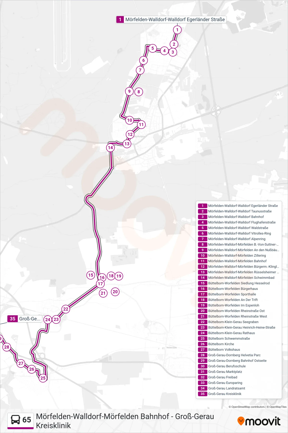 65 bus Line (Groß-Gerau Kreisklinik) route and stops on a map