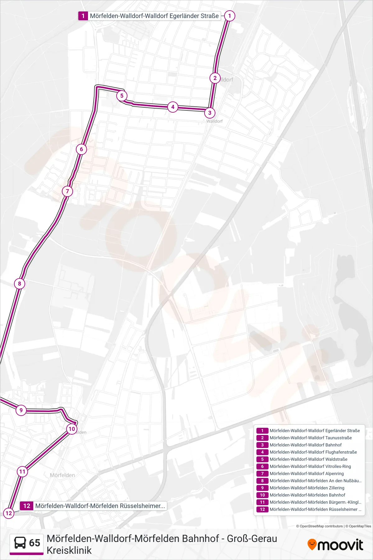 65 bus Line (Mörfelden-Walldorf-Mörfelden Rüsselsheimer Straße) route and stops on a map
