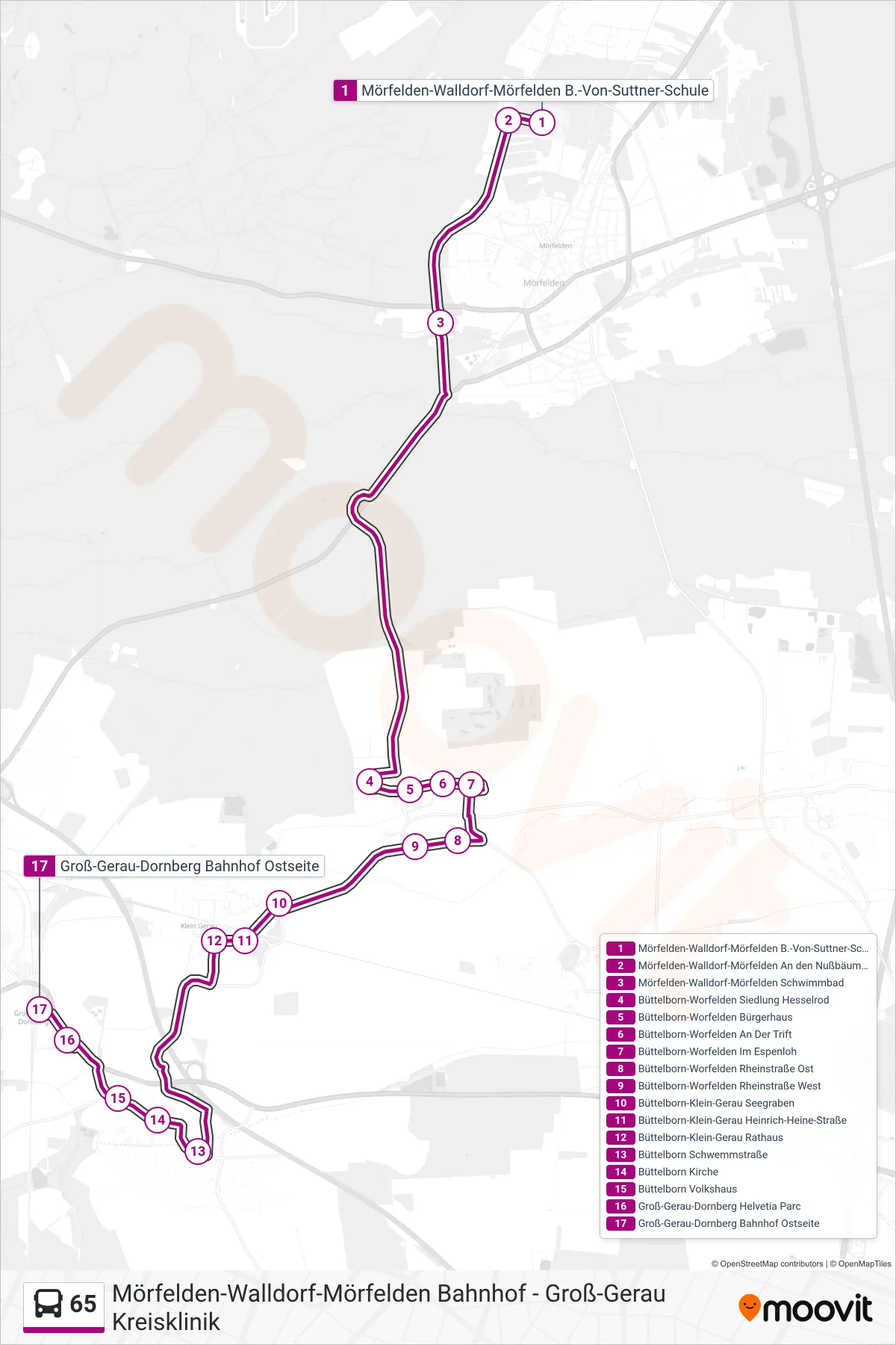 65 bus Line (Groß-Gerau-Dornberg Bahnhof Ostseite) route and stops on a map