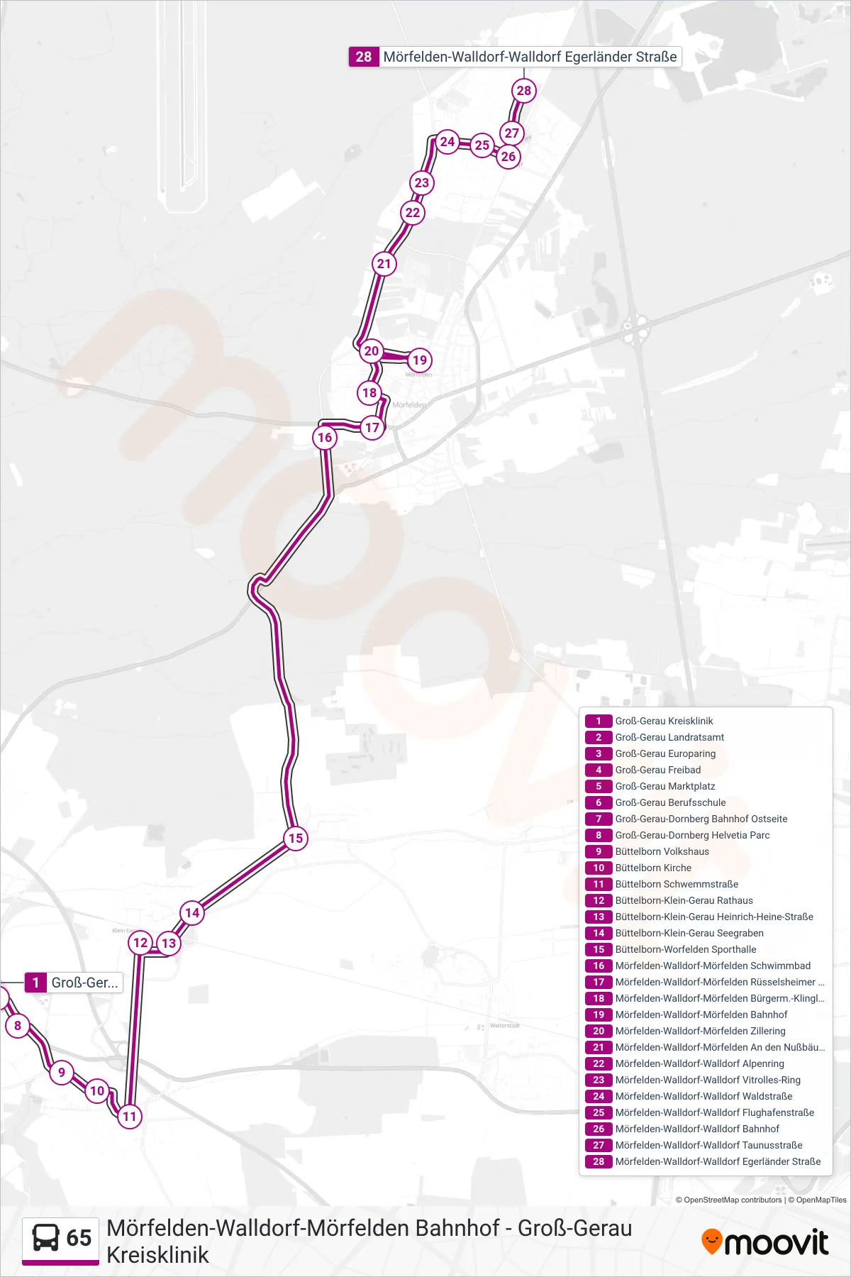 65 bus Line (Mörfelden-Walldorf-Walldorf Egerländer Straße) route and stops on a map