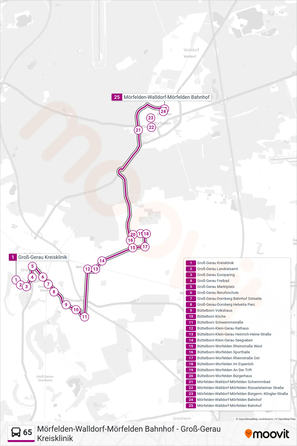 65 bus Line (Mörfelden-Walldorf-Mörfelden Bahnhof) route and stops on a map
