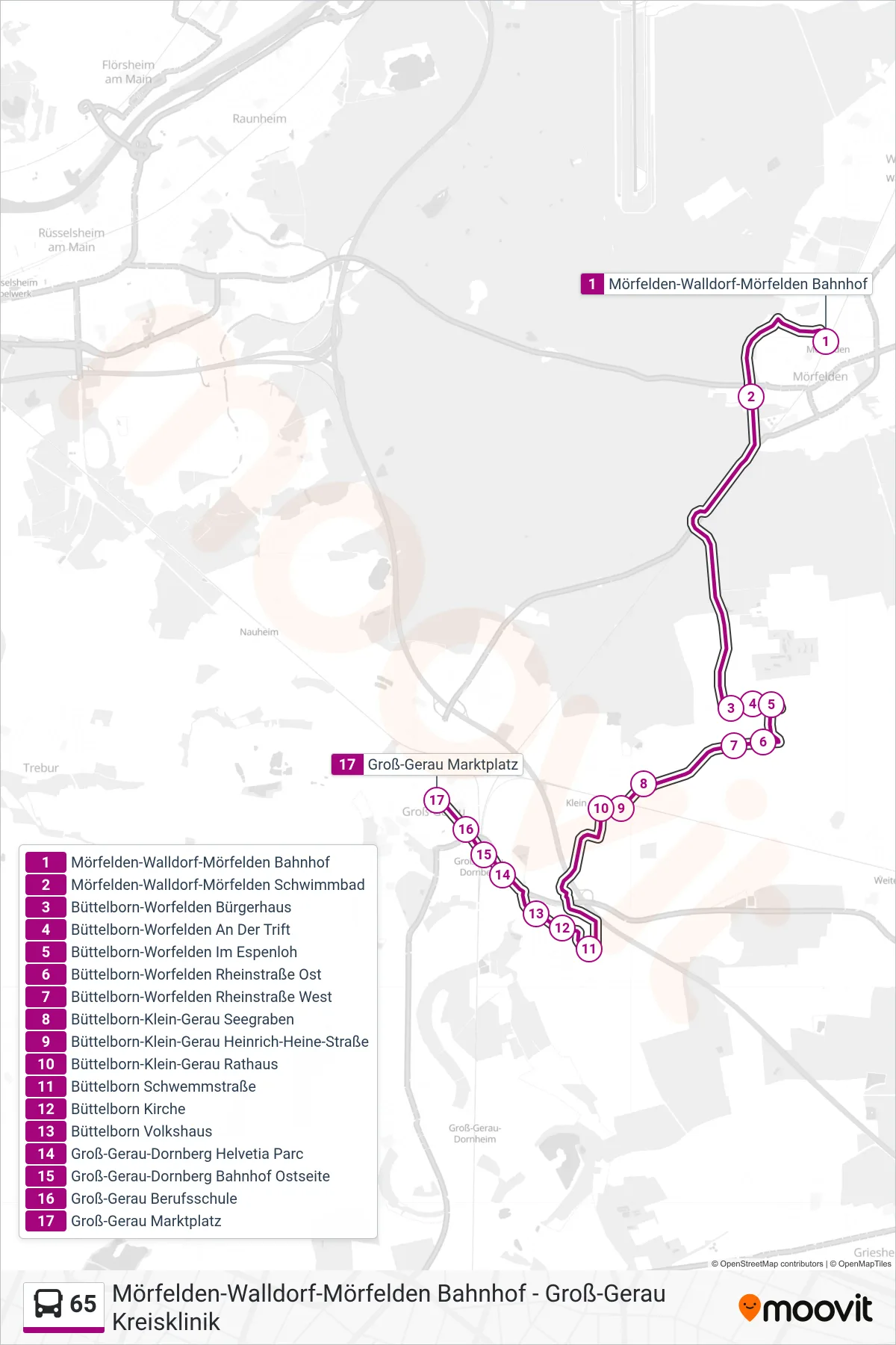 65 bus Line (Groß-Gerau Marktplatz) route and stops on a map