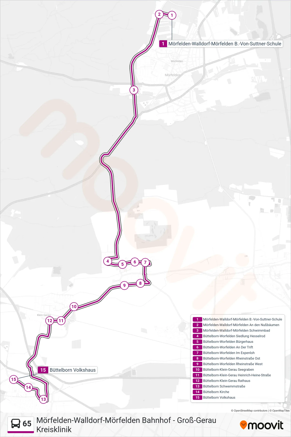 65 bus Line (Büttelborn Volkshaus) route and stops on a map