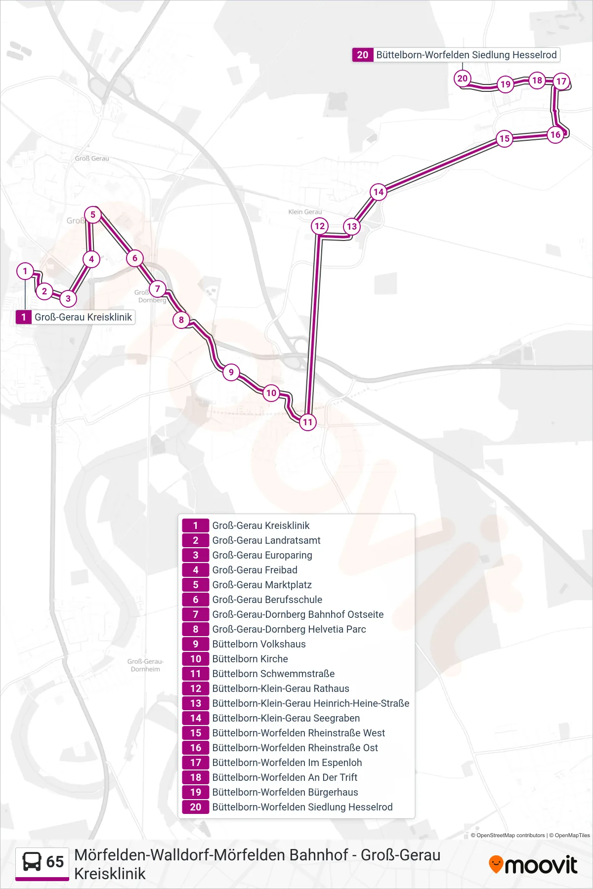 Linie 65 (Bus) Richtung Büttelborn-Worfelden Siedlung Hesselrod: Route und Haltestellen auf der Karte