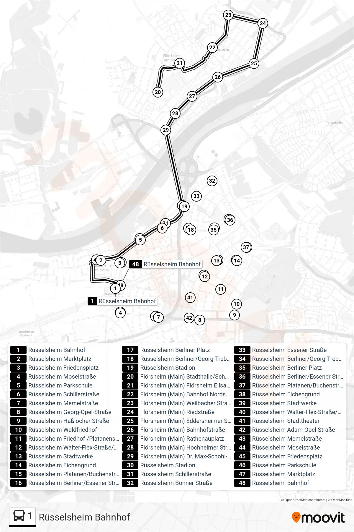 Linie 1 (Bus) Richtung Rüsselsheim Bahnhof: Route und Haltestellen auf der Karte