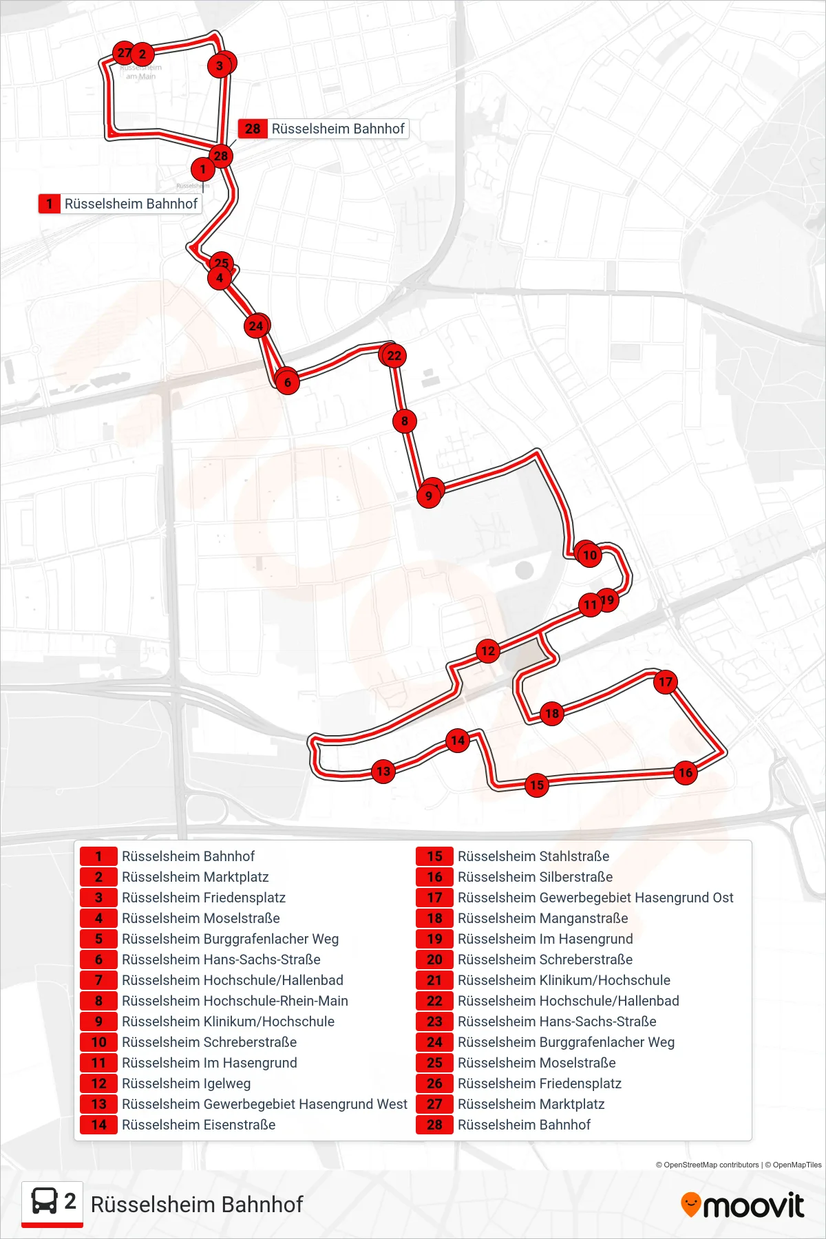 Linie 2 (Bus) Richtung Rüsselsheim Bahnhof: Route und Haltestellen auf der Karte