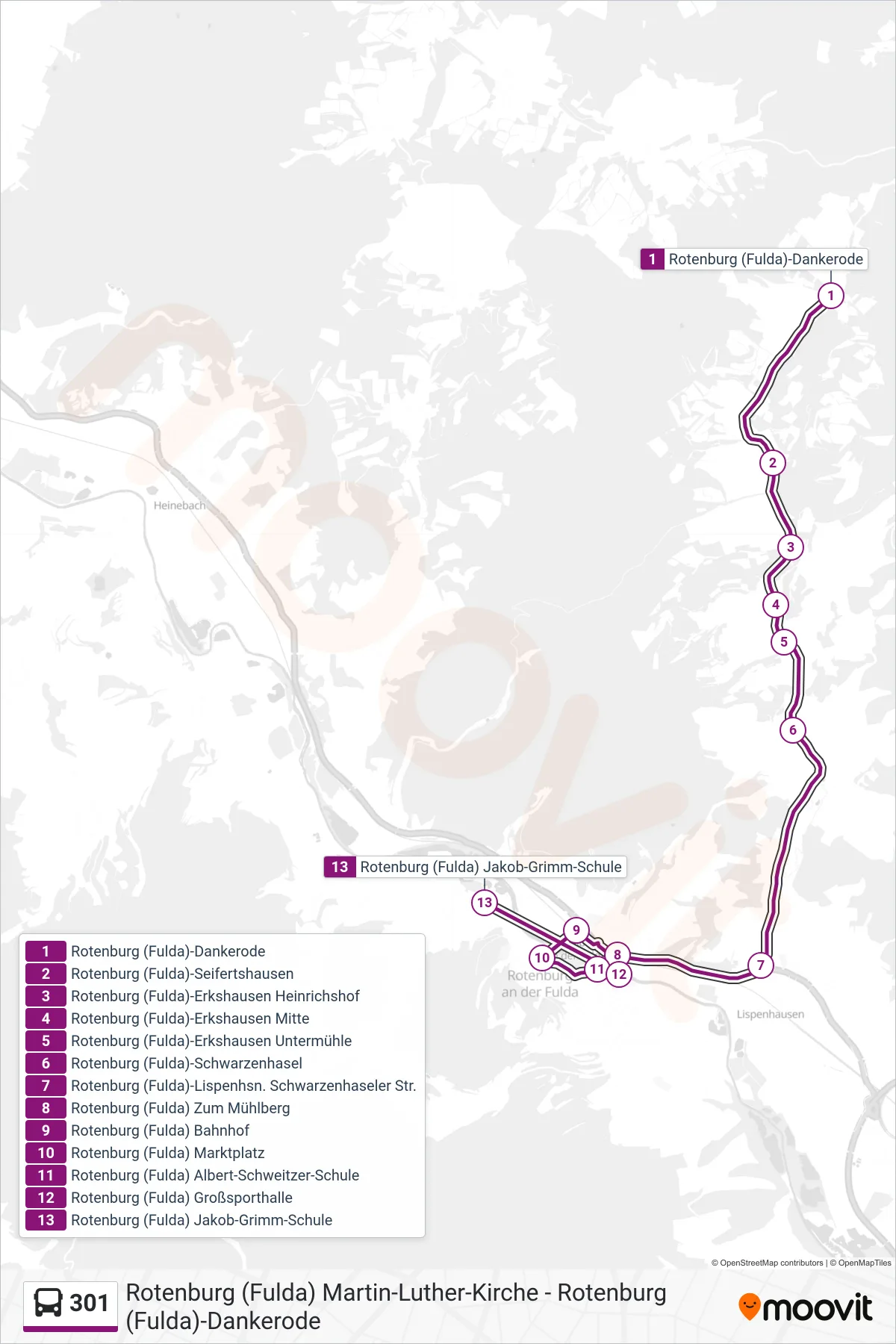 301 bus Line (Rotenburg Jakob-Grimm-Schule) route and stops on a map