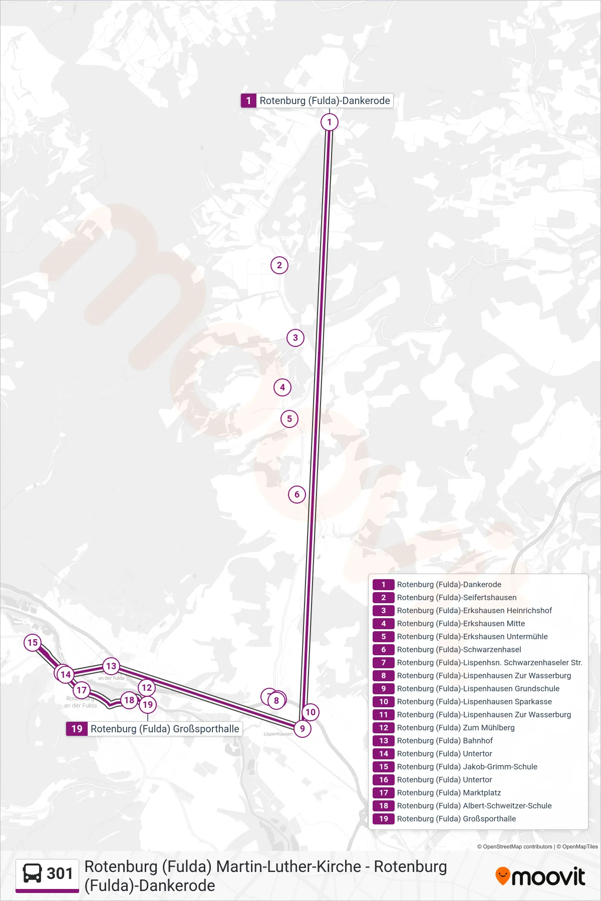 301 bus Line (Rotenburg Großsporthalle) route and stops on a map