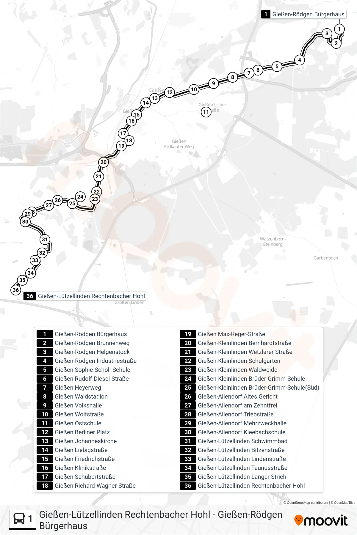 1 bus Line (Gießen-Lützellinden Rechtenbacher Hohl) route and stops on a map