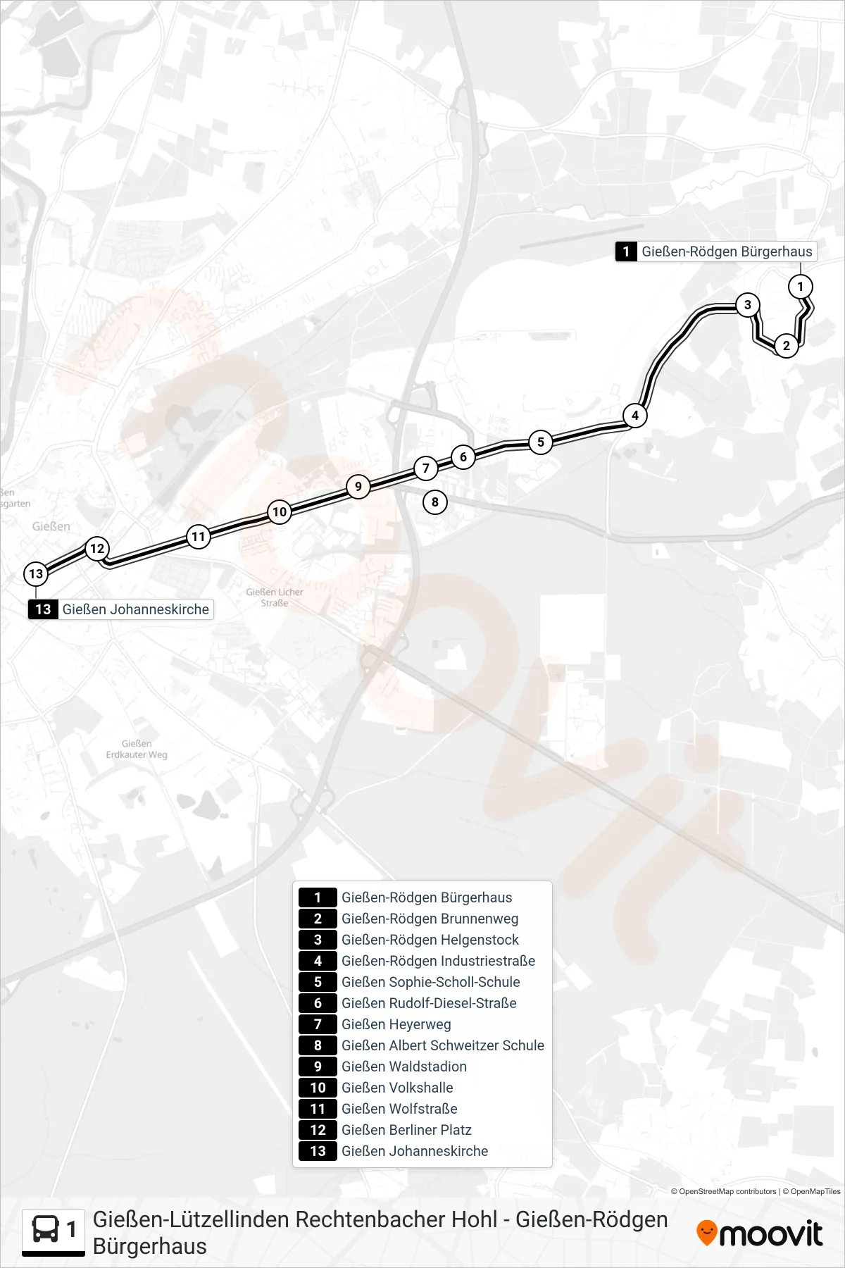1 bus Line (Gießen Johanneskirche) route and stops on a map