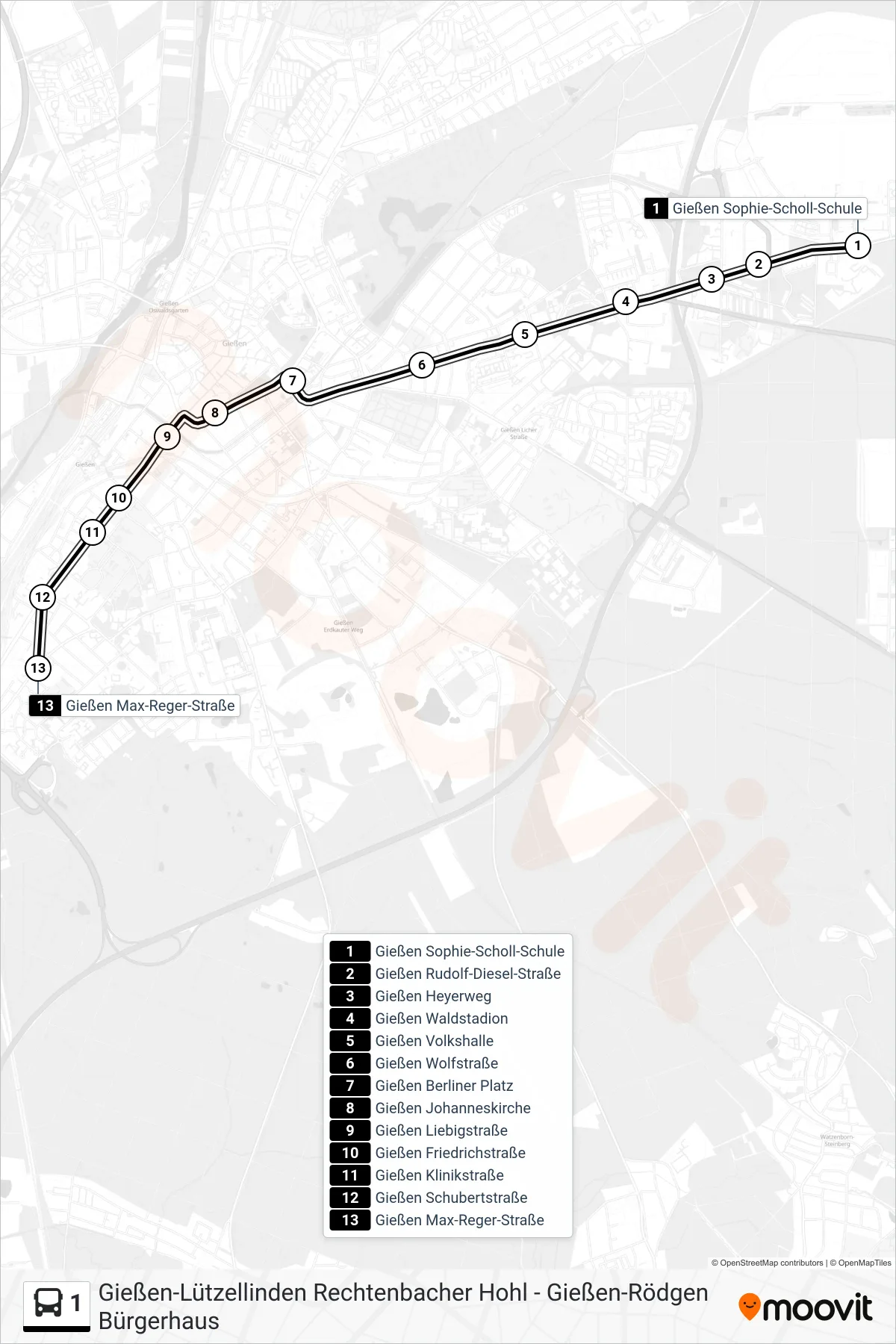 1 bus Line (Gießen Max-Reger-Straße) route and stops on a map