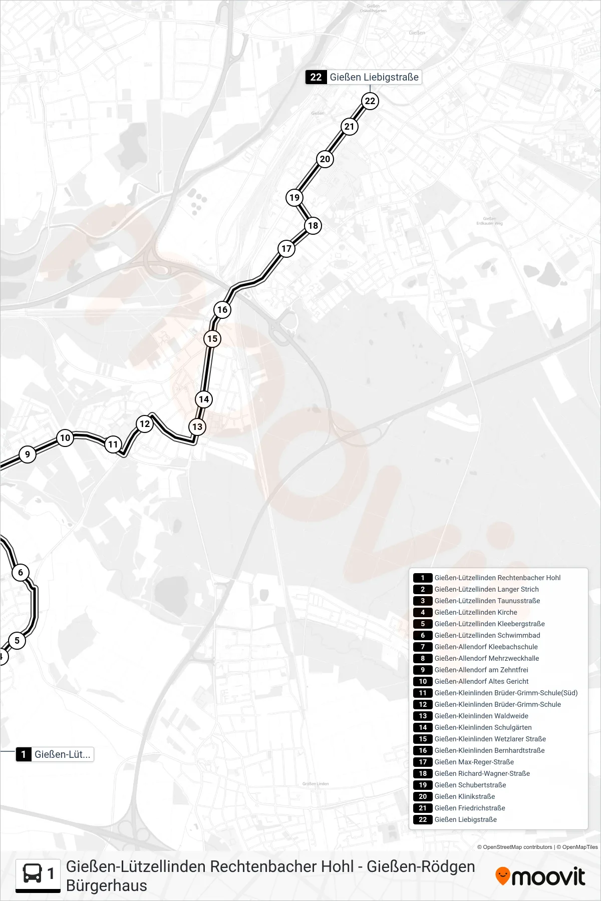 1 bus Line (Gießen Liebigstraße) route and stops on a map