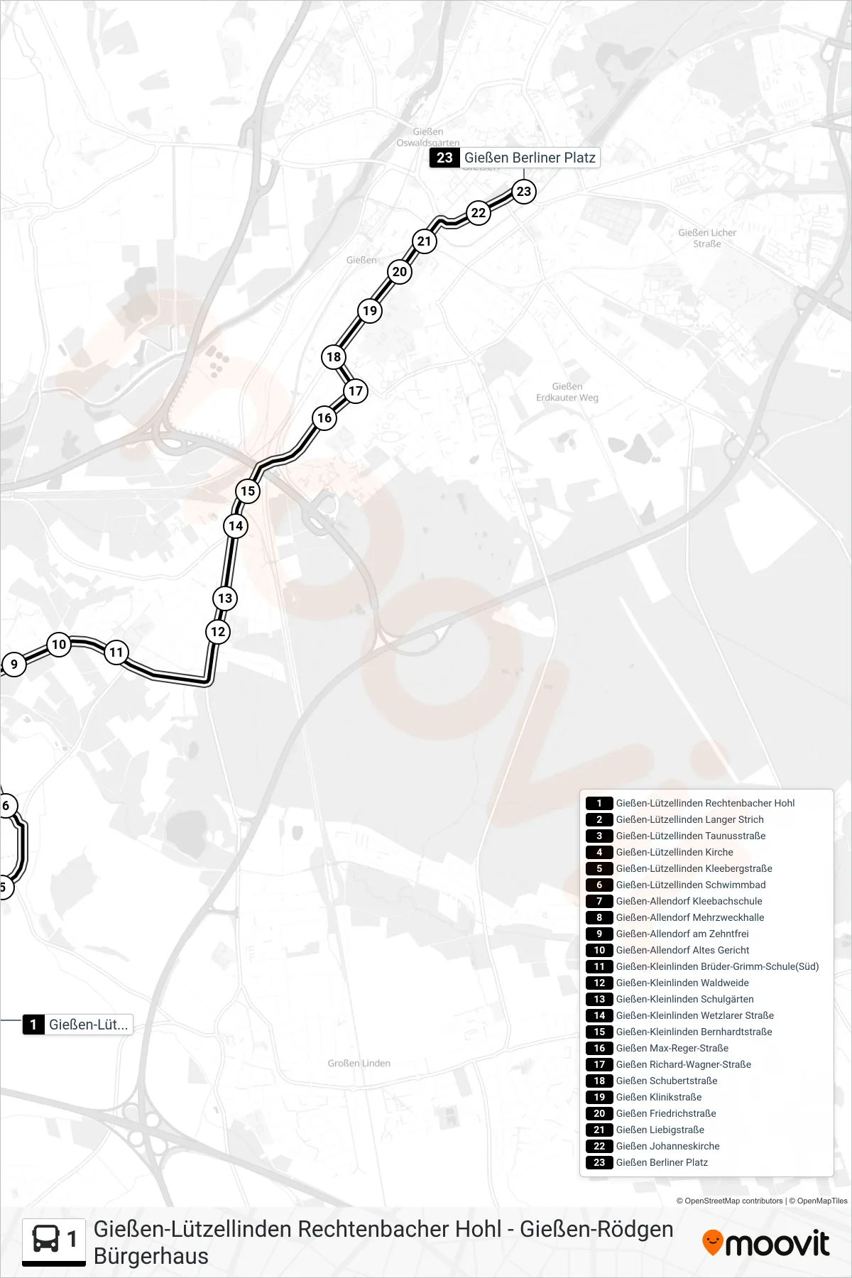 1 bus Line (Gießen Berliner Platz) route and stops on a map