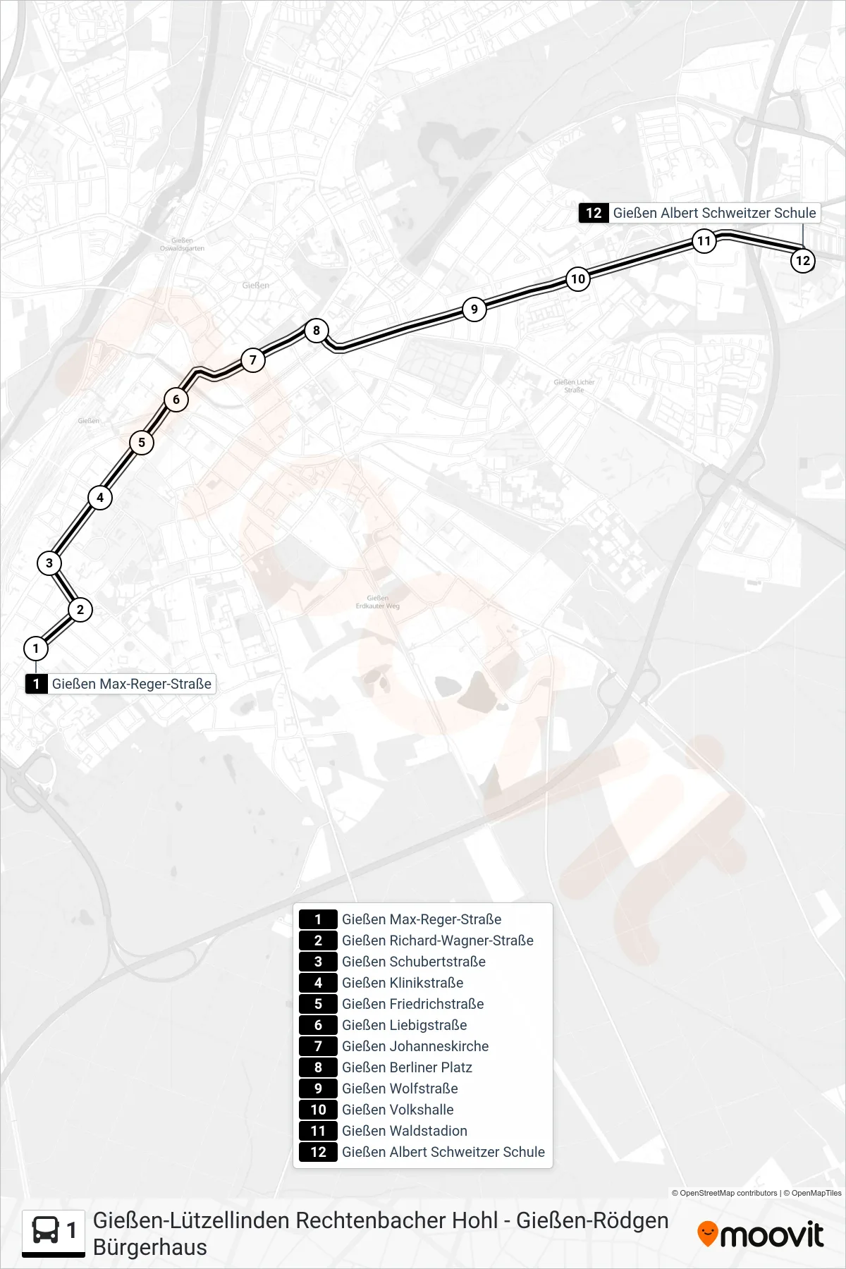 1 bus Line (Gießen Albert Schweitzer Schule) route and stops on a map