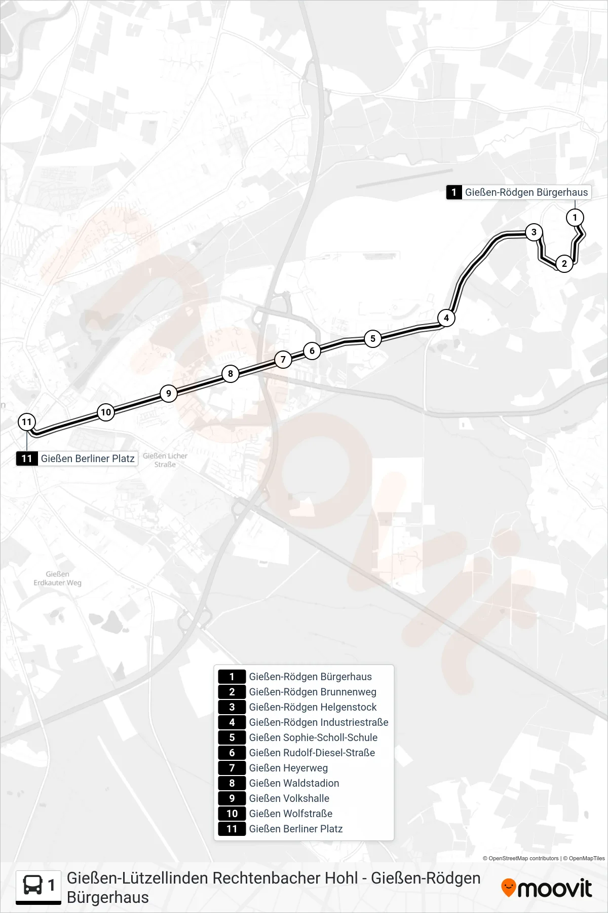 Linie 1 (Bus) Richtung Gießen Berliner Platz: Route und Haltestellen auf der Karte