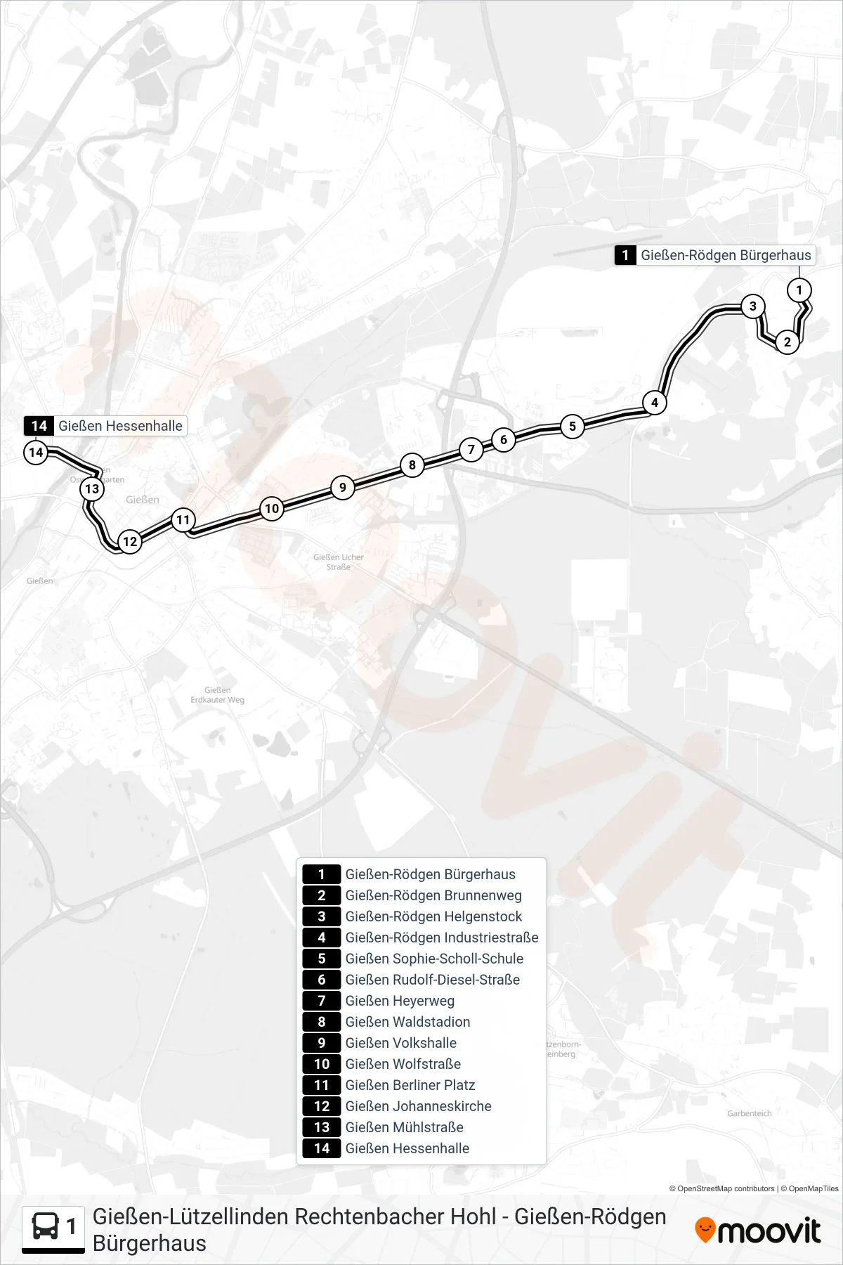 1 bus Line (Gießen Hessenhalle) route and stops on a map