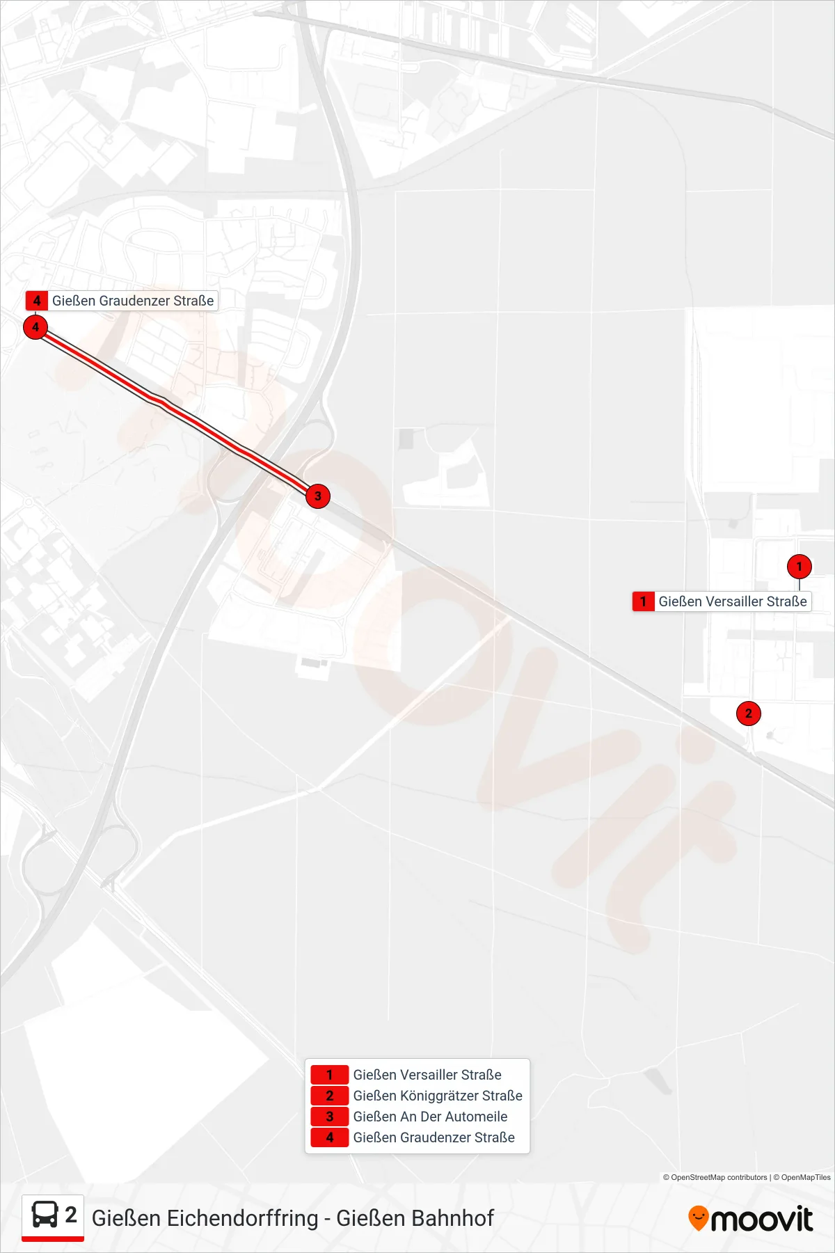 2 bus Line (Gießen Graudenzer Straße) route and stops on a map