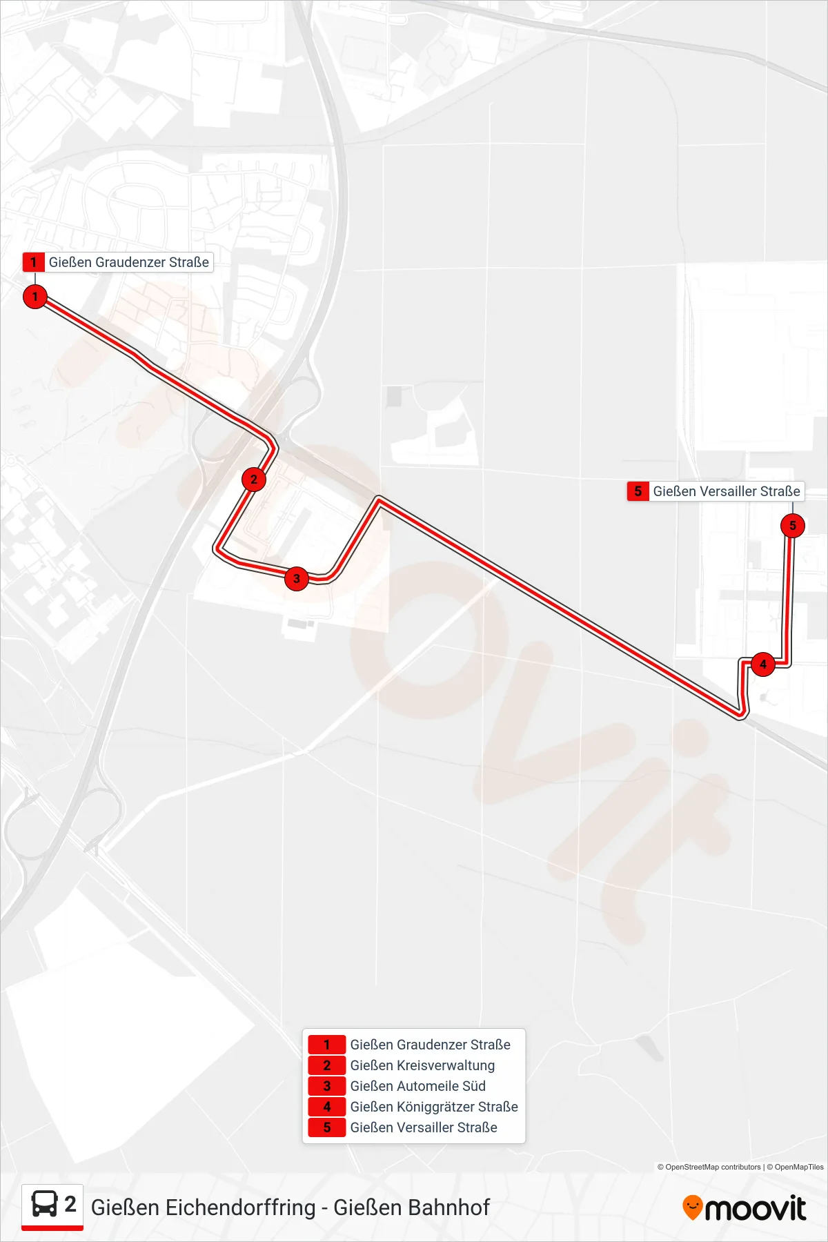 2 bus Line (Gießen Versailler Straße) route and stops on a map