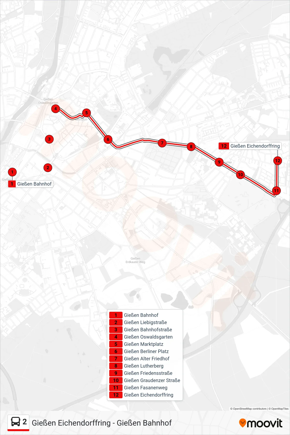 Linie 2 (Bus) Richtung Gießen Eichendorffring: Route und Haltestellen auf der Karte