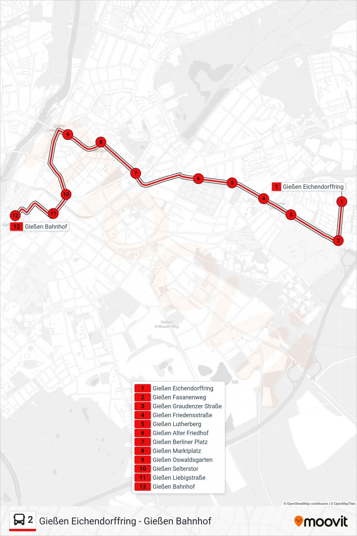 2 bus Line (Gießen Bahnhof) route and stops on a map