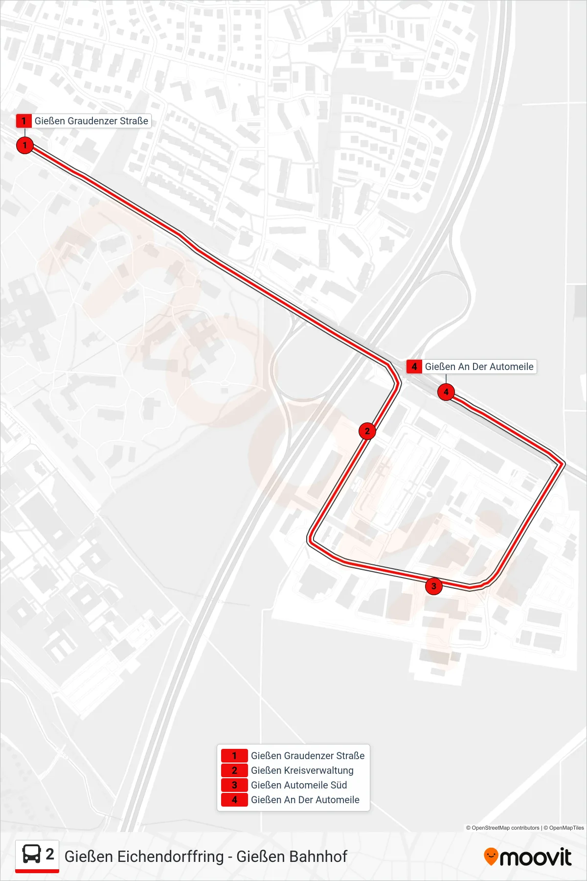 2 bus Line (Gießen An Der Automeile) route and stops on a map