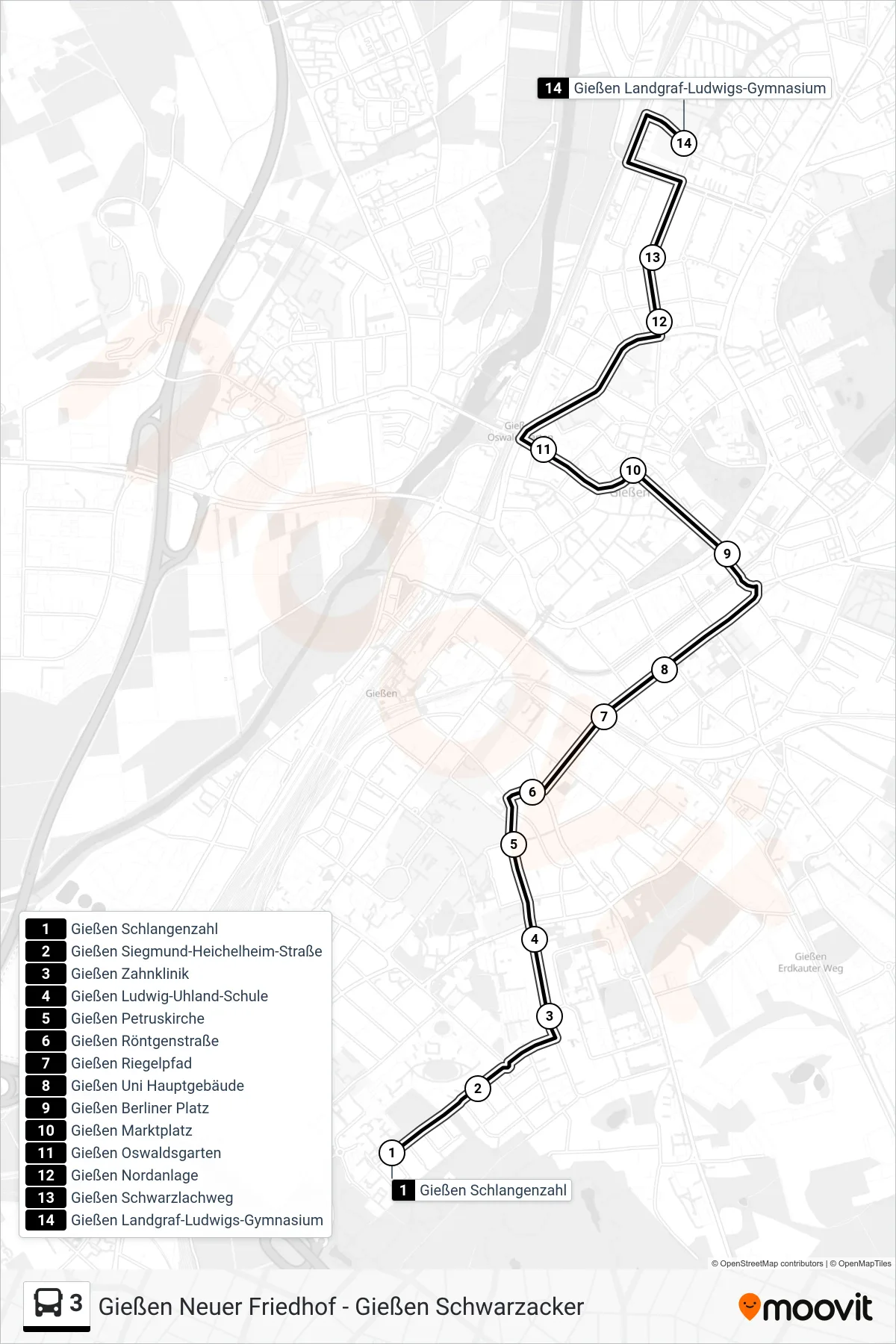 3 bus Line (Gießen Landgraf-Ludwigs-Gymnasium) route and stops on a map