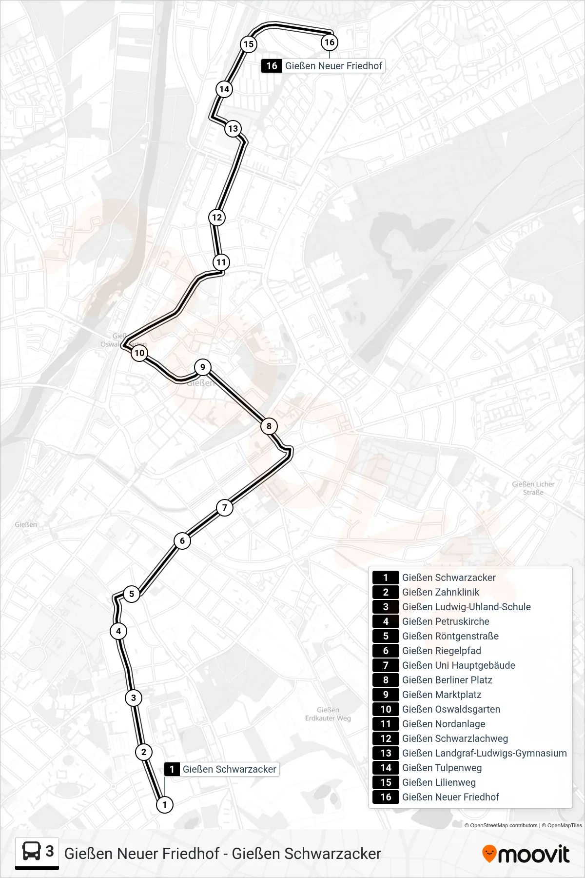 3 bus Line (Gießen Neuer Friedhof) route and stops on a map