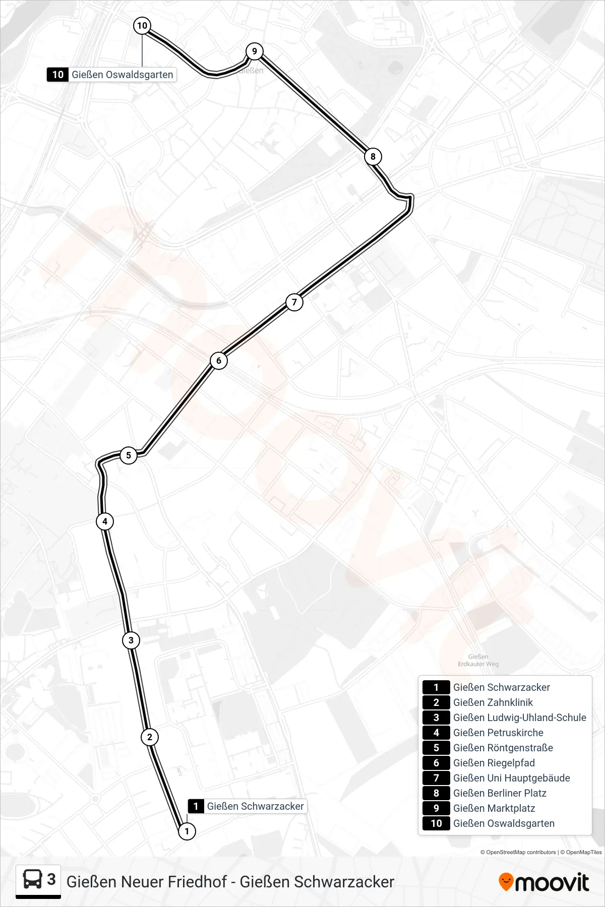 Linie 3 (Bus) Richtung Gießen Oswaldsgarten: Route und Haltestellen auf der Karte