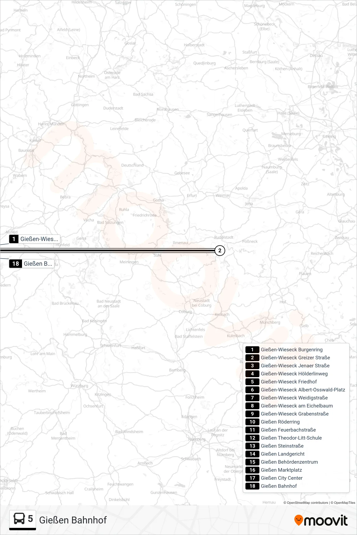5 bus Line (Gießen Bahnhof) route and stops on a map