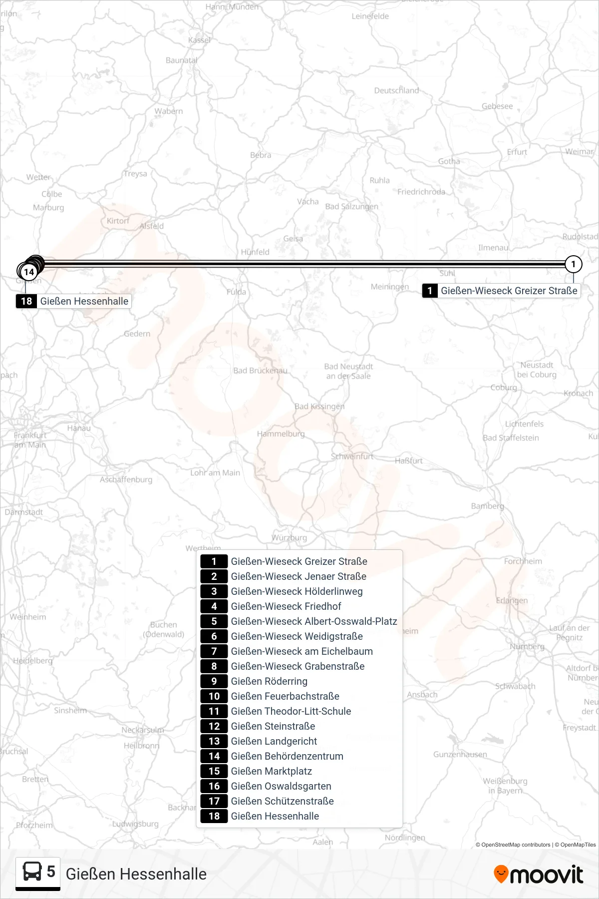 5 bus Line (Gießen Hessenhalle) route and stops on a map