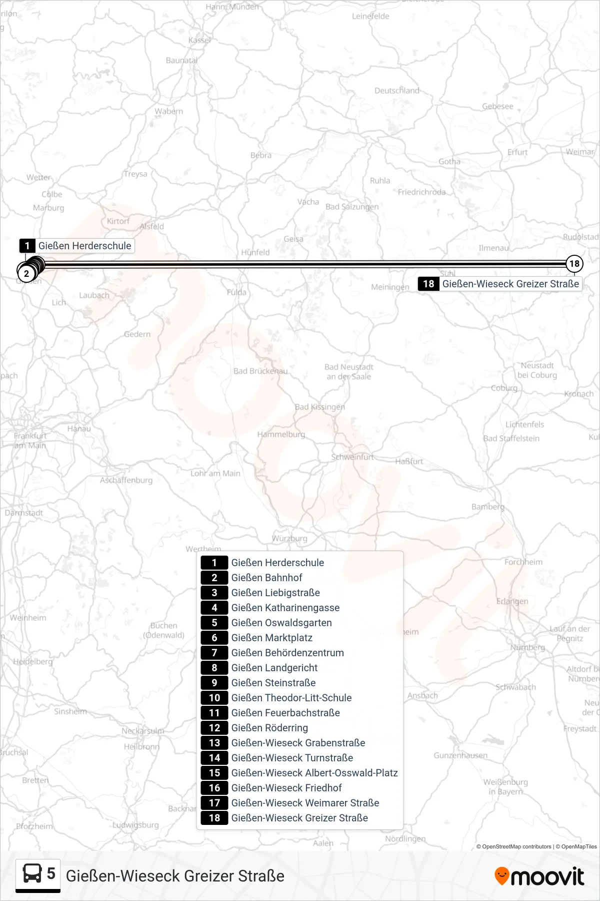 5 bus Line (Gießen-Wieseck Greizer Straße) route and stops on a map