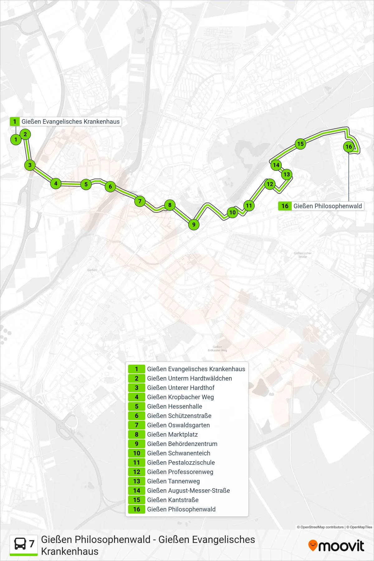 7 bus Line (Gießen Philosophenwald) route and stops on a map