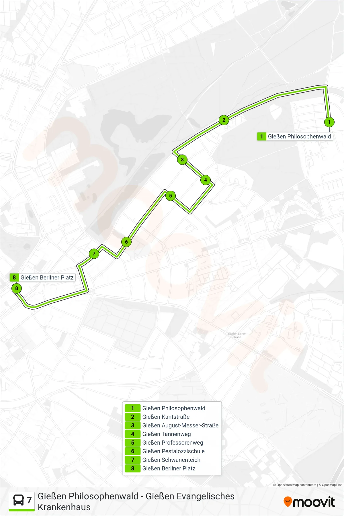 7 bus Line (Gießen Berliner Platz) route and stops on a map