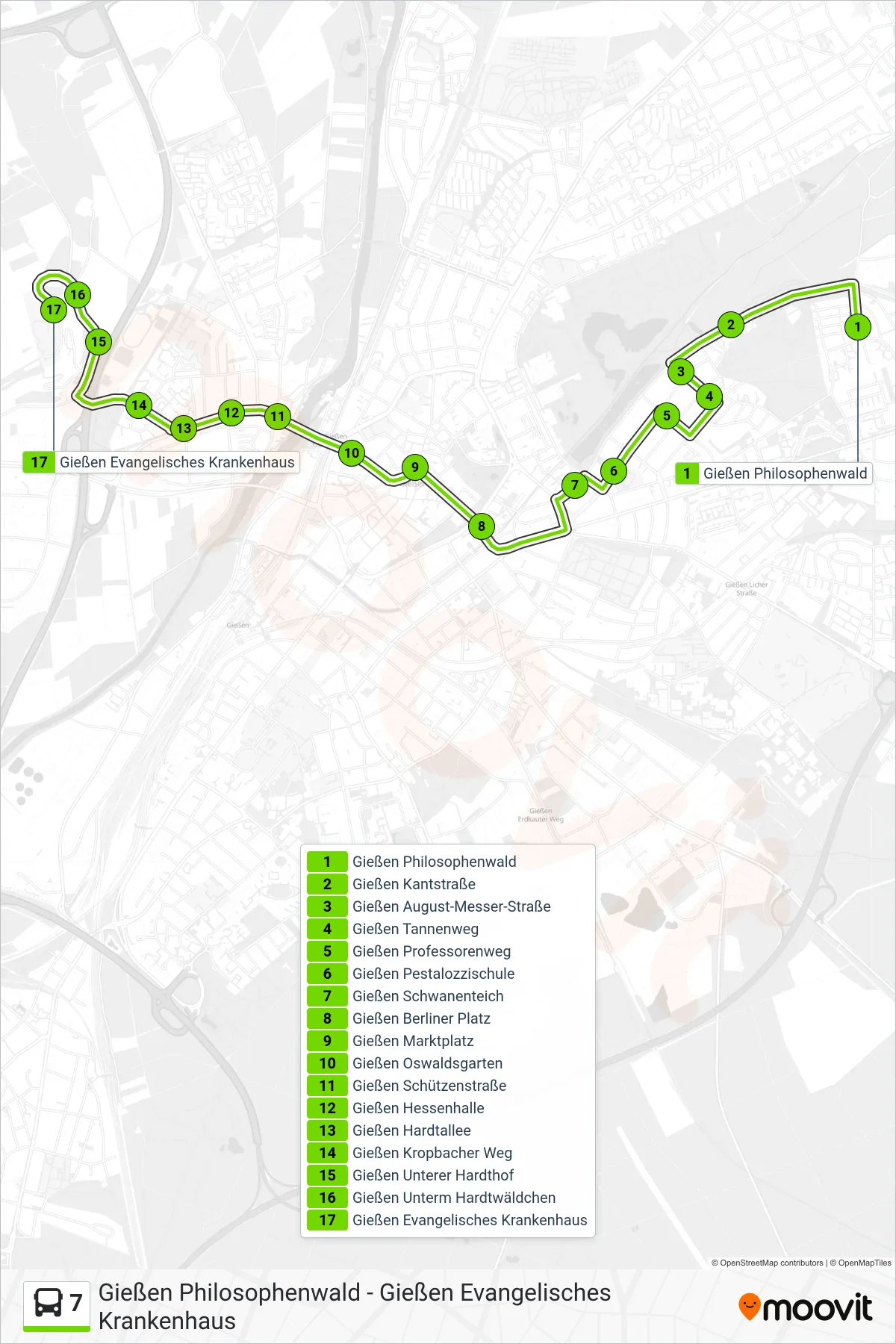 7 bus Line (Gießen Evangelisches Krankenhaus) route and stops on a map